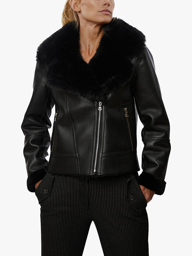 James Lakeland Faux Leather Faux Fur Trim Jacket, Black