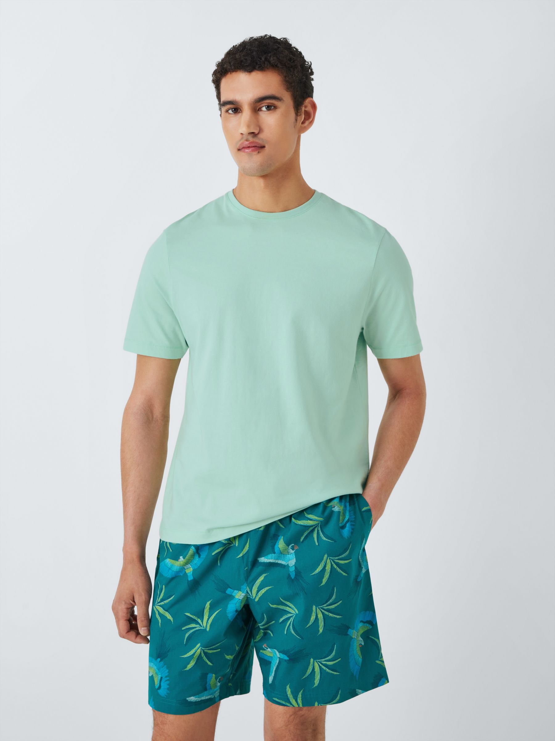 John Lewis Organic Cotton Tropical Parrot Print Shorts Pyjama Set, Green/Multi, XL
