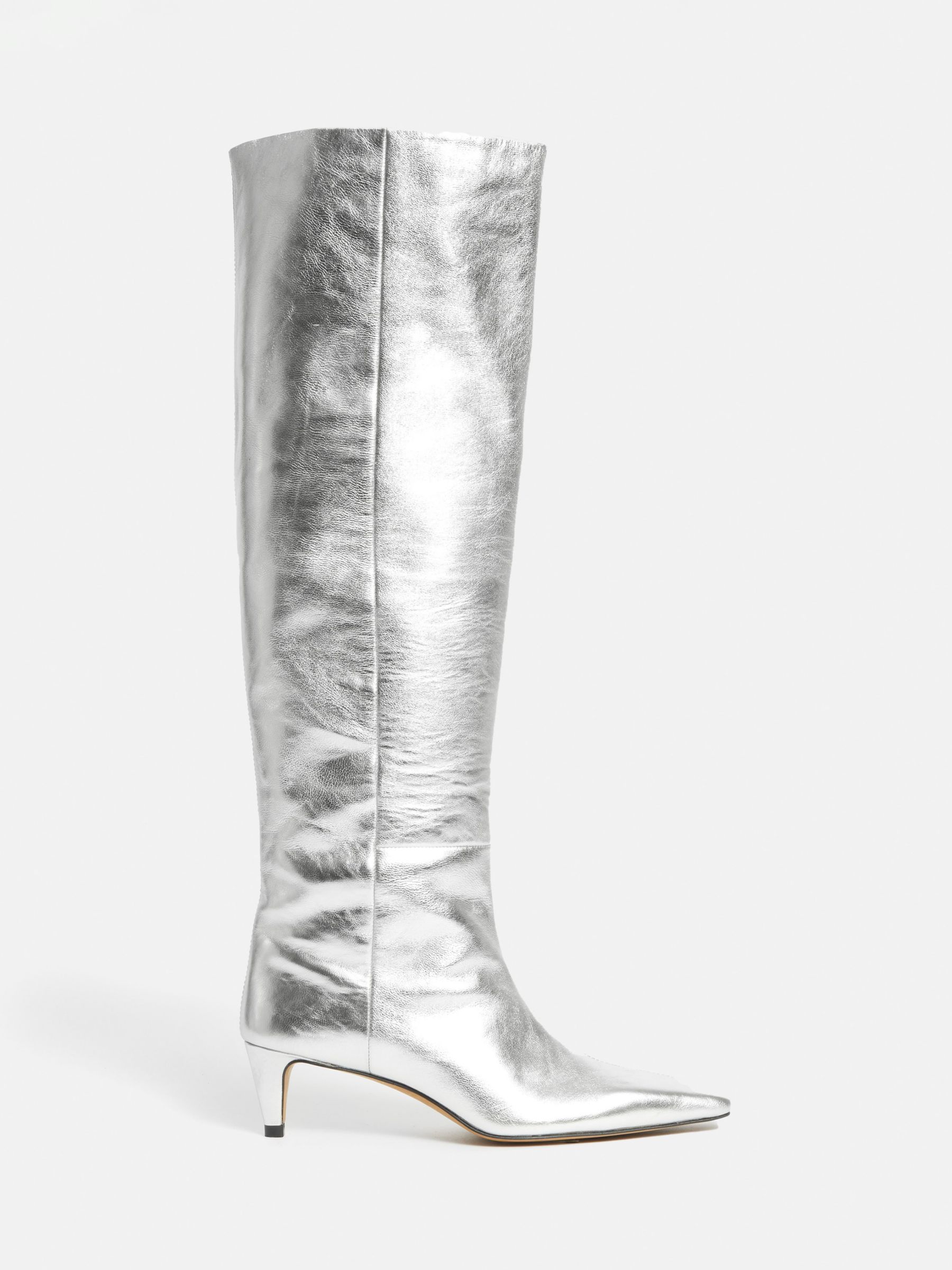 Jigsaw Chiselled Toe Metallic Leather Knee High Boots, Silver at John ...
