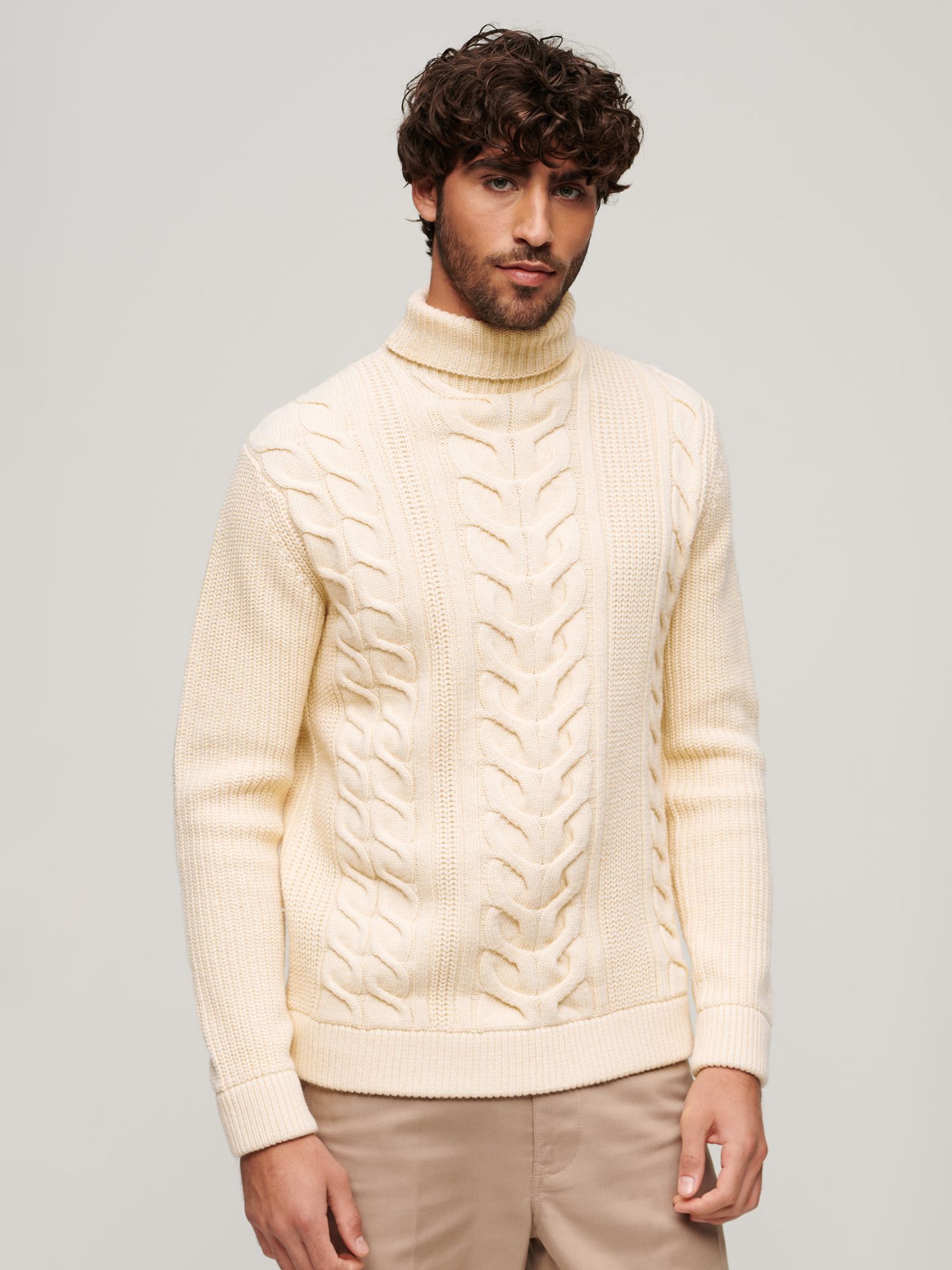 Superdry Wool Blend Cable Roll Neck Jumper, Off White at John Lewis ...