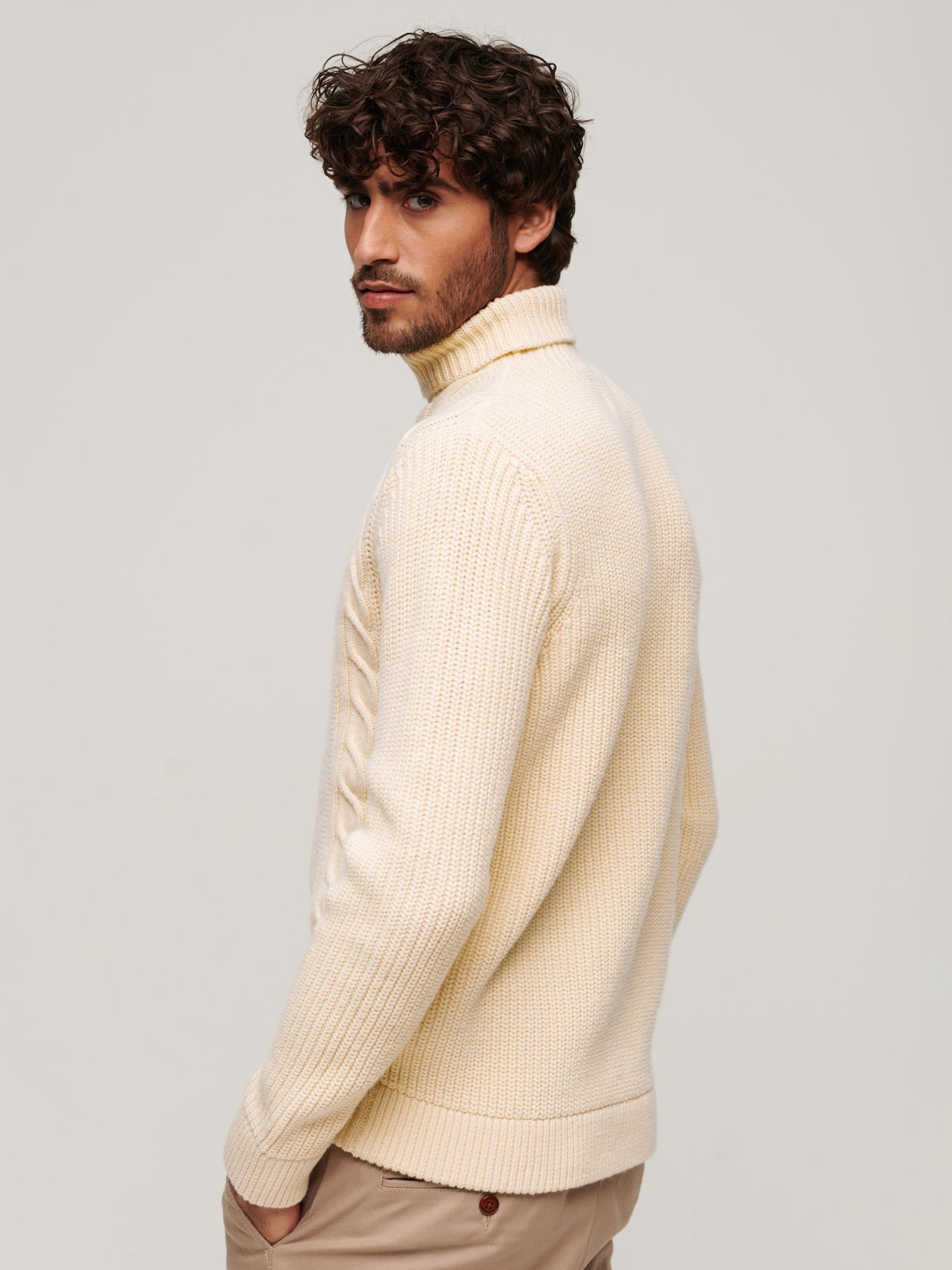 Superdry Wool Blend Cable Roll Neck Jumper, Off White, S