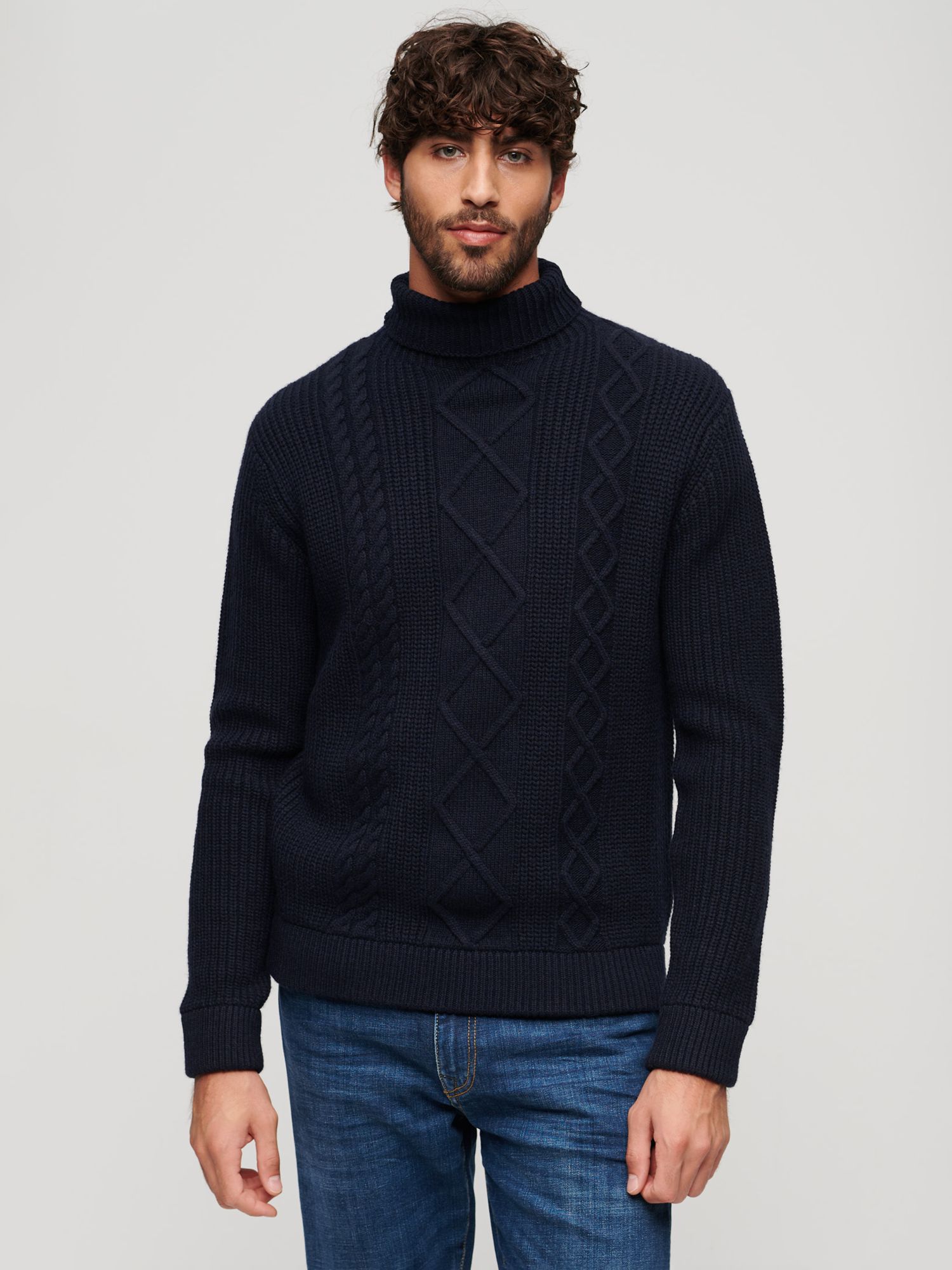 Superdry Wool Blend Cable Roll Neck Jumper, Navy at John Lewis & Partners