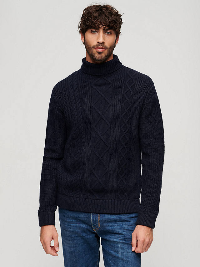 Superdry Wool Blend Cable Roll Neck Jumper, Navy