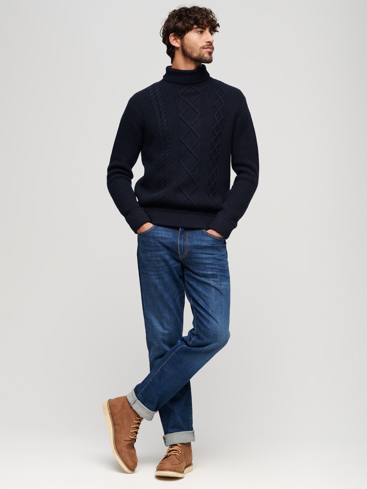 Superdry Wool Blend Cable Roll Neck Jumper, Navy, S