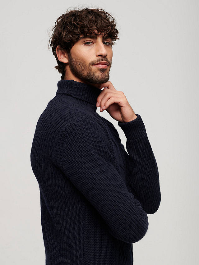 Superdry Wool Blend Cable Roll Neck Jumper, Navy