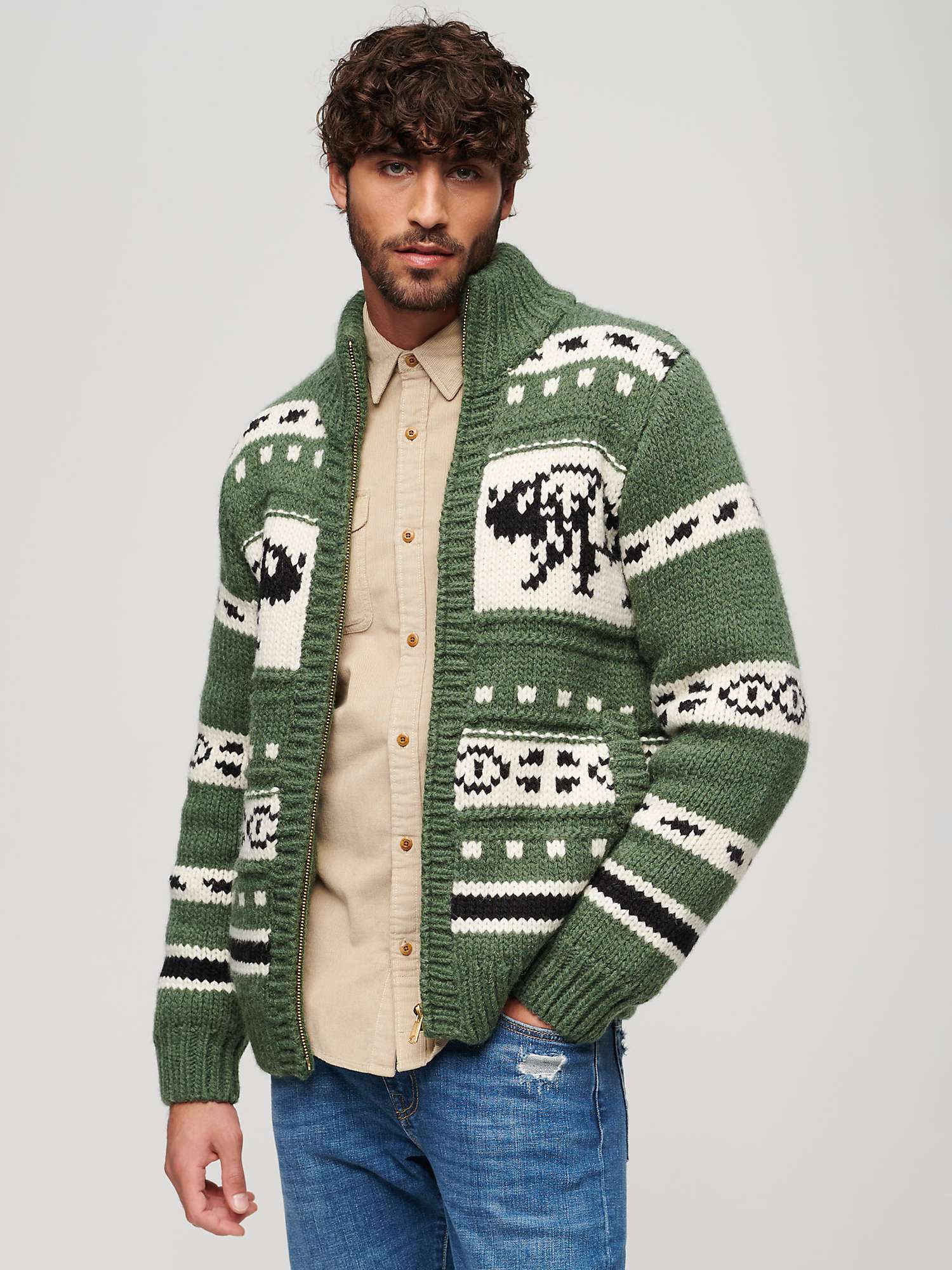 Buy Superdry Chunky Knit Patterned Zip Cardigan, Buffalo Green Online at johnlewis.com