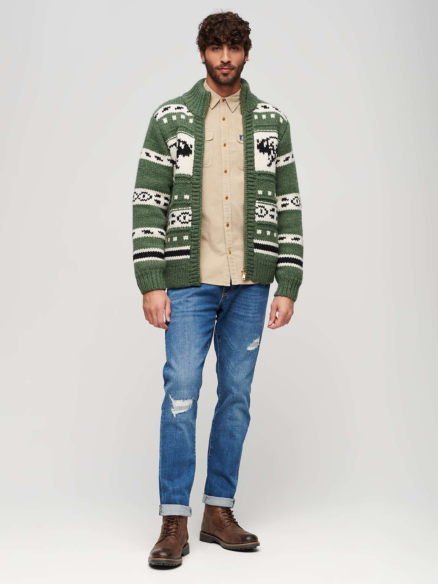 Buy Superdry Chunky Knit Patterned Zip Cardigan, Buffalo Green Online at johnlewis.com