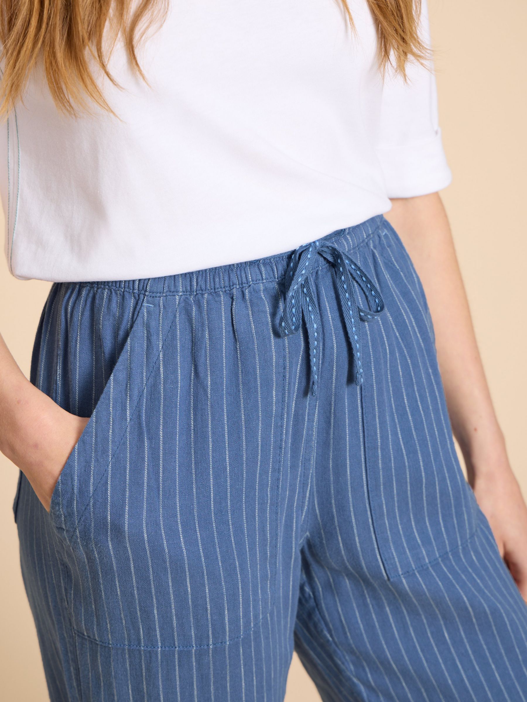 White Stuff Elle Linen Blend Pinstripe Trousers, Blue/White, 6