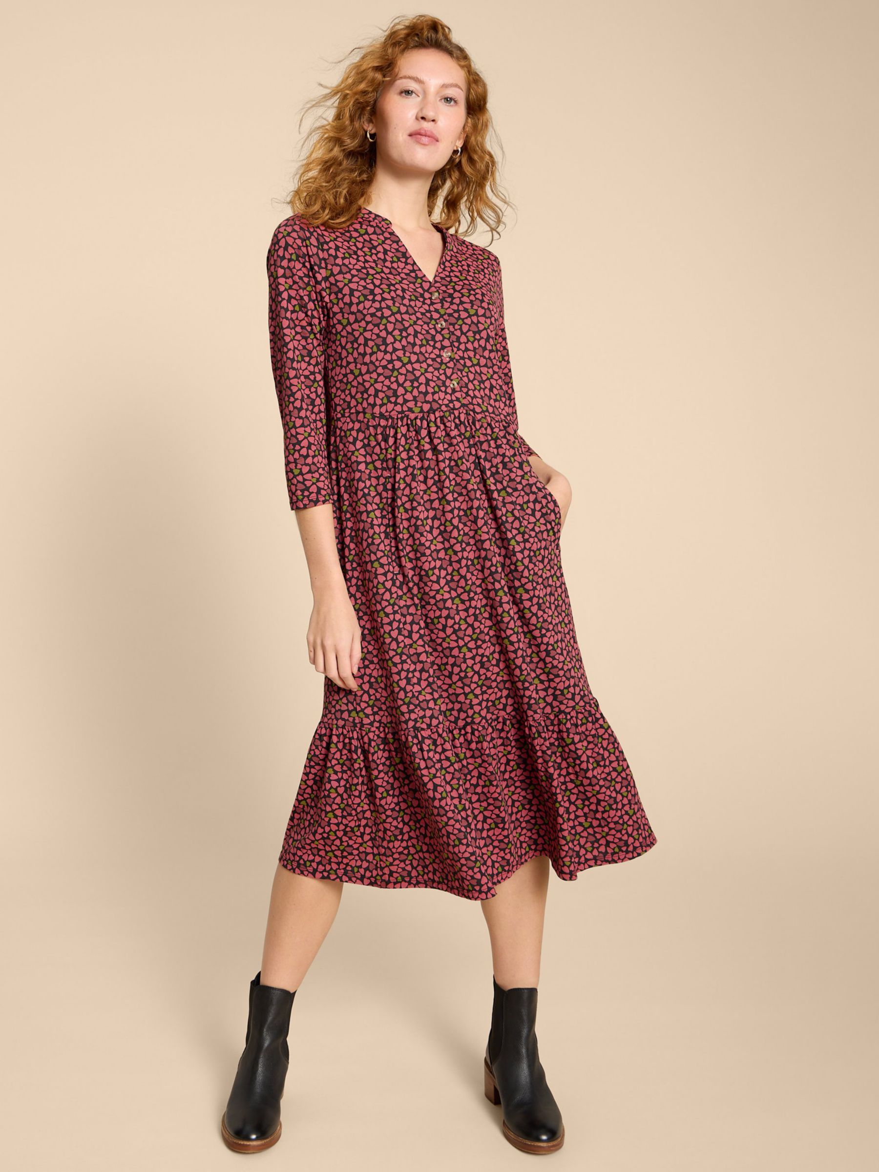 Buy White Stuff Naya Heart Print Tiered Jersey Dress, Pink Online at johnlewis.com