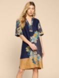 White Stuff June Abstract Print Linen Shift Dress, Navy/Multi, Navy/Multi