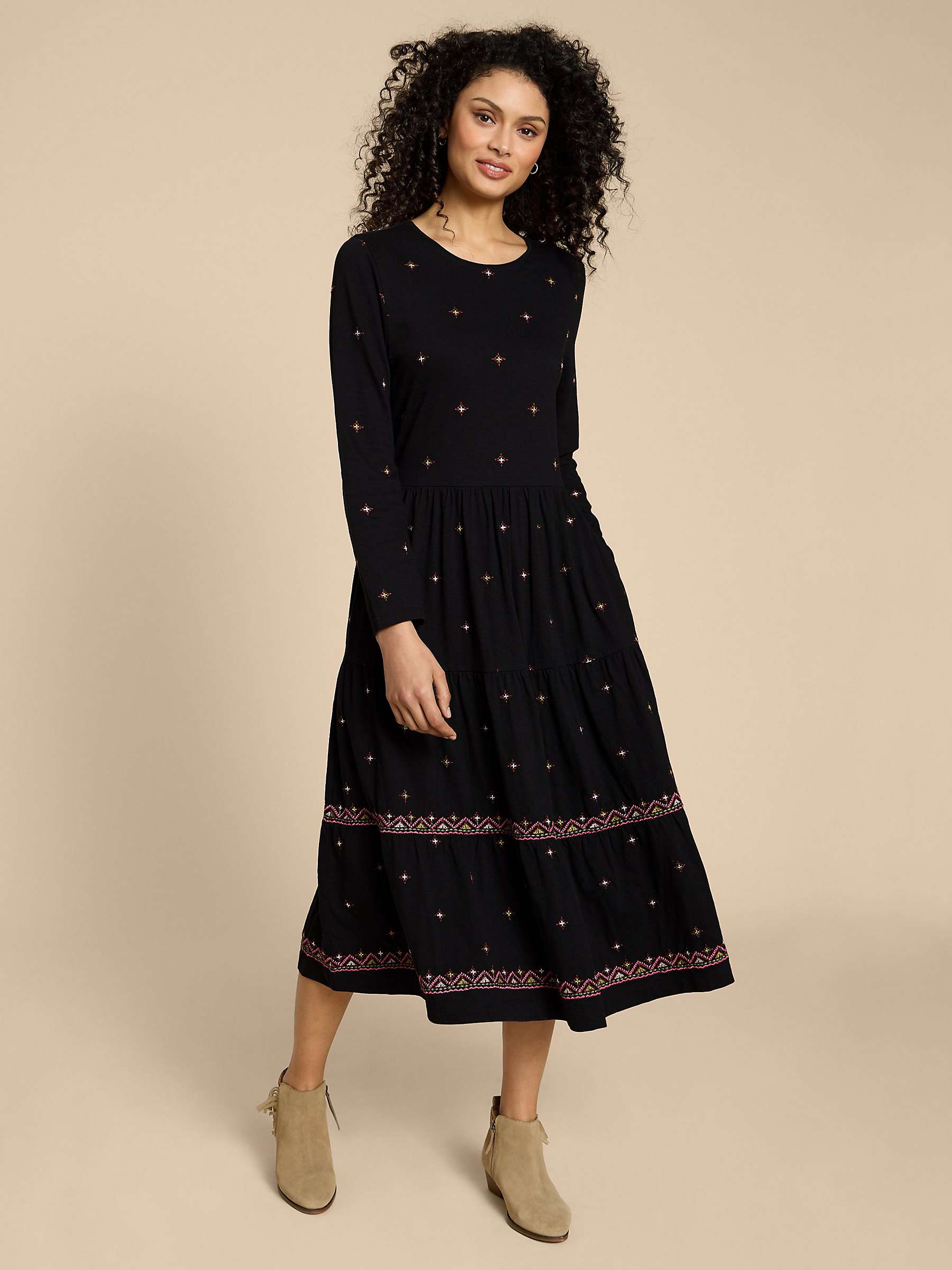 Buy White Stuff Poppy Organic Cotton Embroidered Jersey Dress, Grey/Multi Online at johnlewis.com