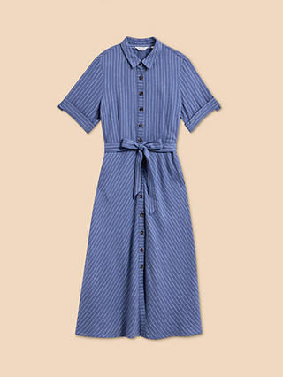 White Stuff Beth Linen Blend Stripe Shirt Dress, Blue/White