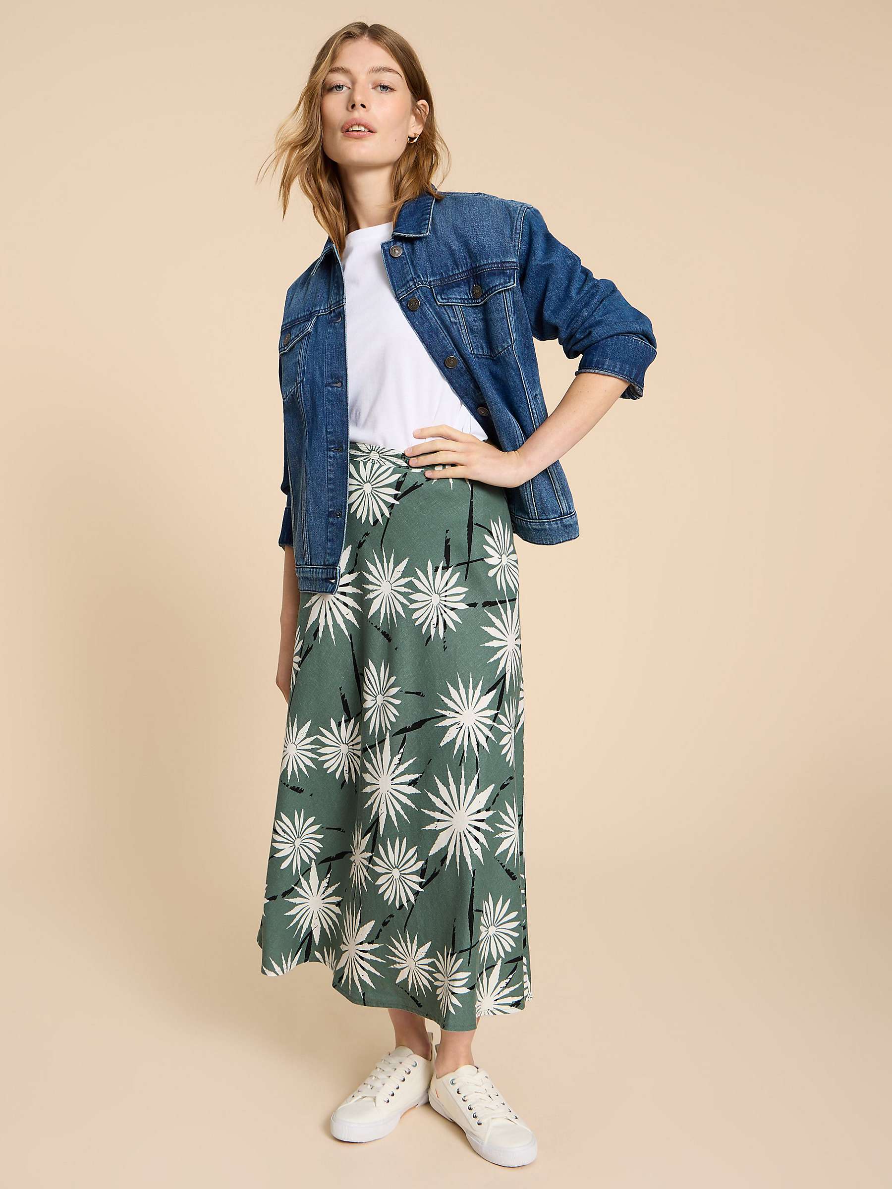 Buy White Stuff Clemence Floral Print Linen Blend Skirt, Green Online at johnlewis.com