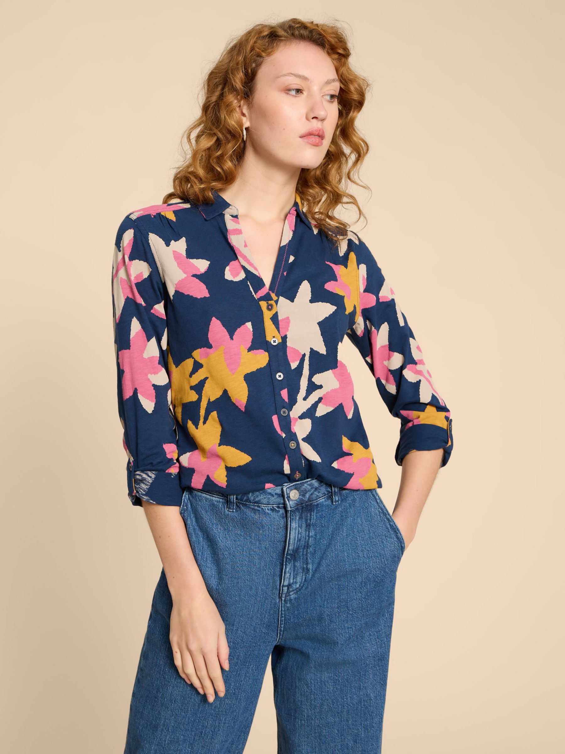 White Stuff Annie Floral Jersey Shirt, Navy/Multi at John Lewis & Partners