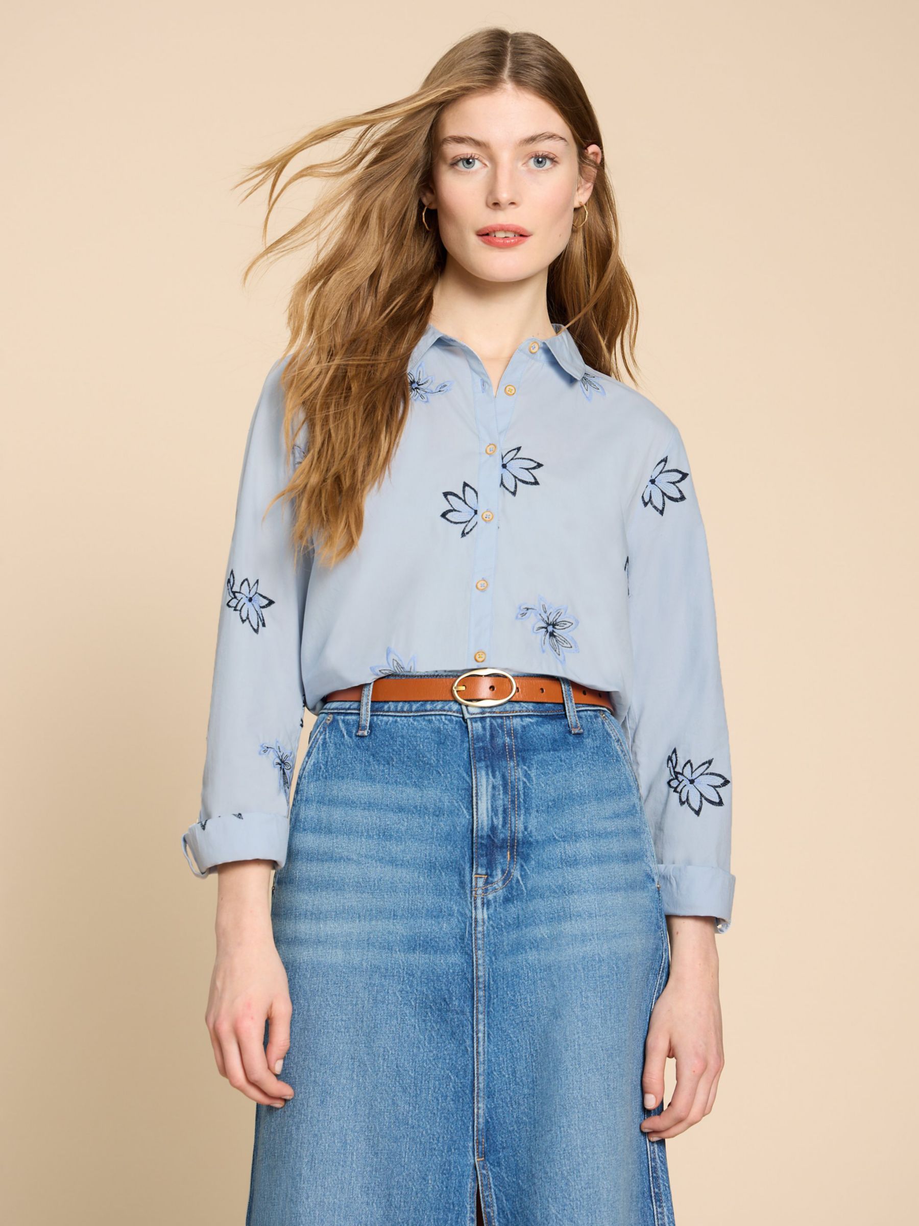 White Stuff Sophie Cotton Embroidered Shirt, Blue at John Lewis & Partners