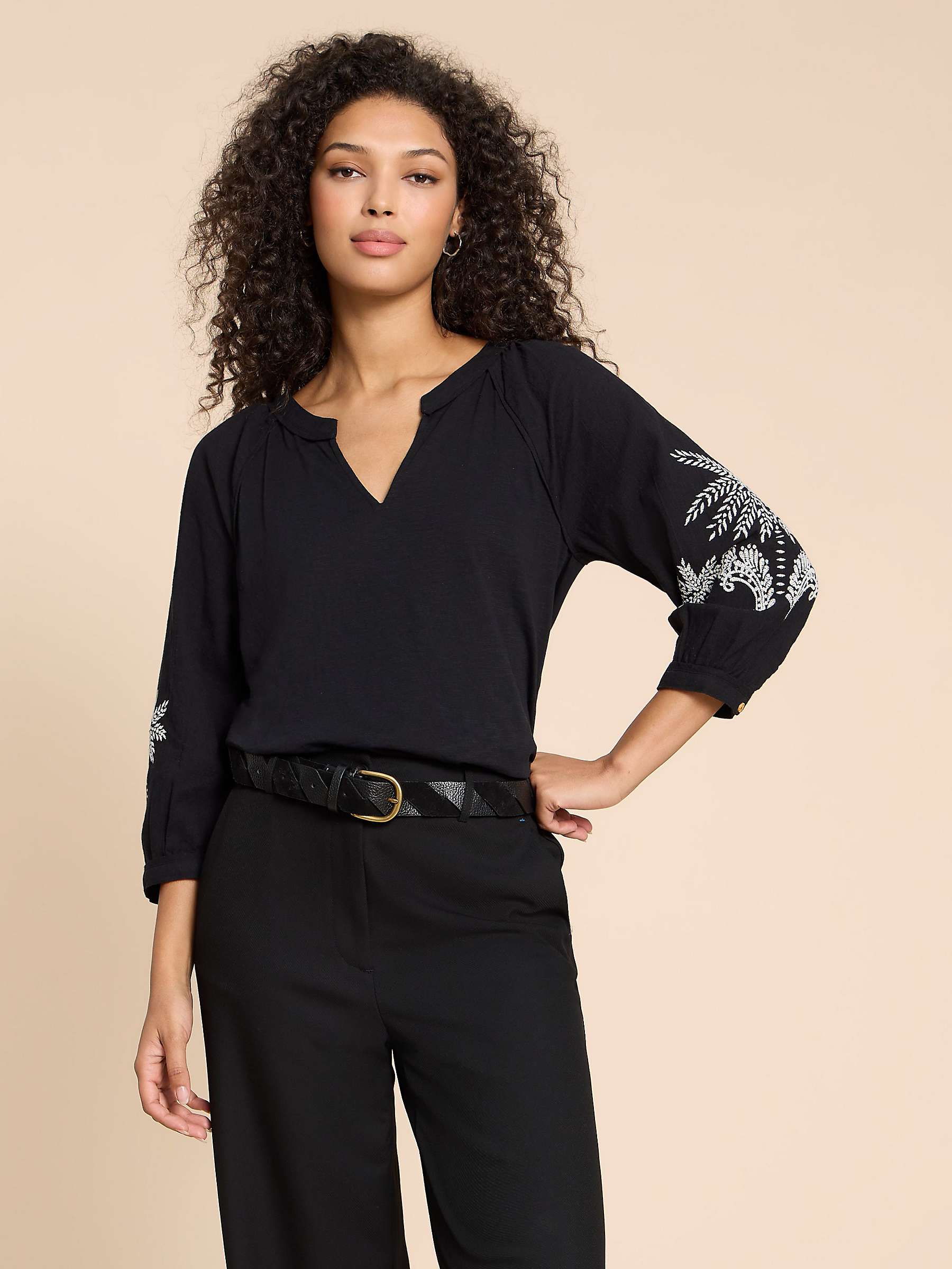 Buy White Stuff Millie Embroidered Sleeve Top, Black/Multi Online at johnlewis.com