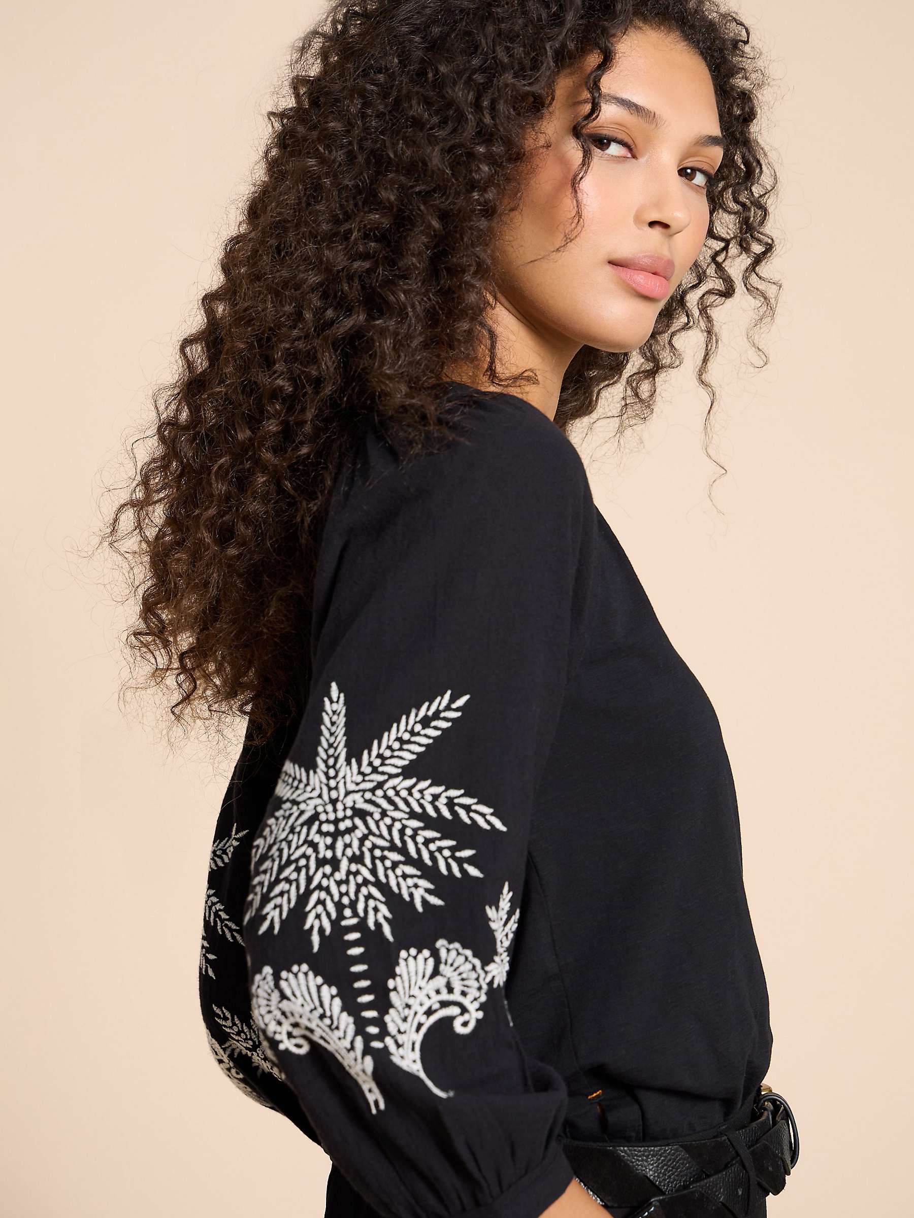 Buy White Stuff Millie Embroidered Sleeve Top, Black/Multi Online at johnlewis.com