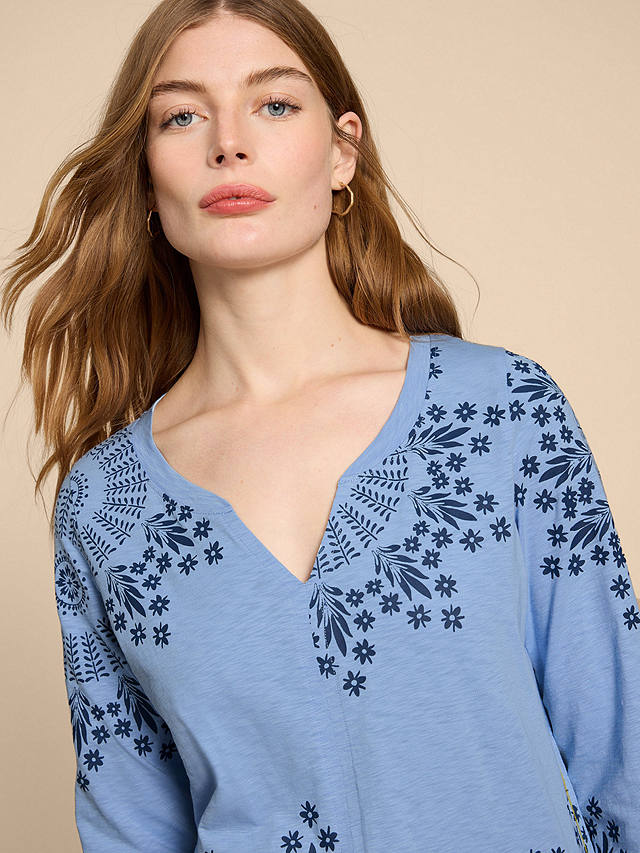 White Stuff Nelly Long Sleeve Floral Print T-Shirt, Blue/Multi