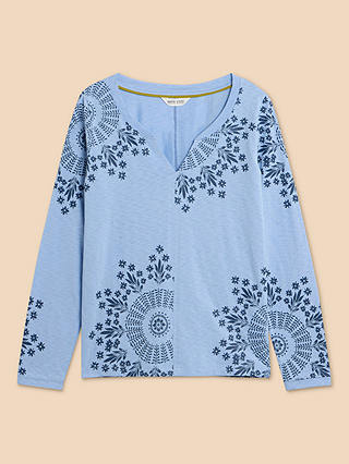 White Stuff Nelly Long Sleeve Floral Print T-Shirt, Blue/Multi