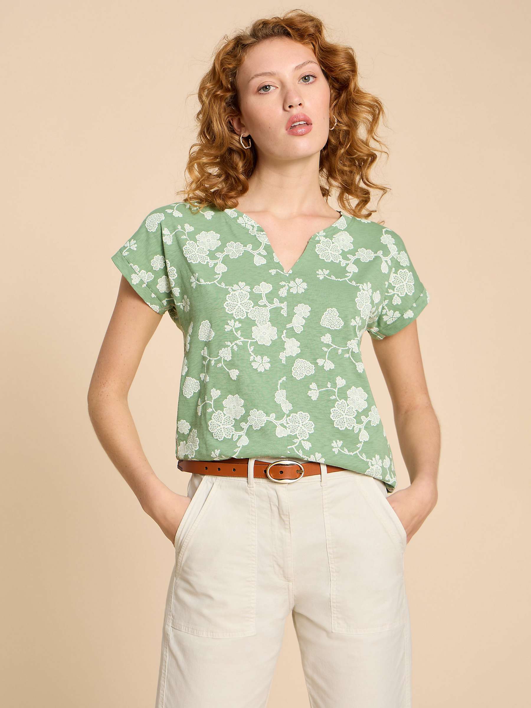 Buy White Stuff Nelly Floral Print Notch Neck T-Shirt, Green Online at johnlewis.com