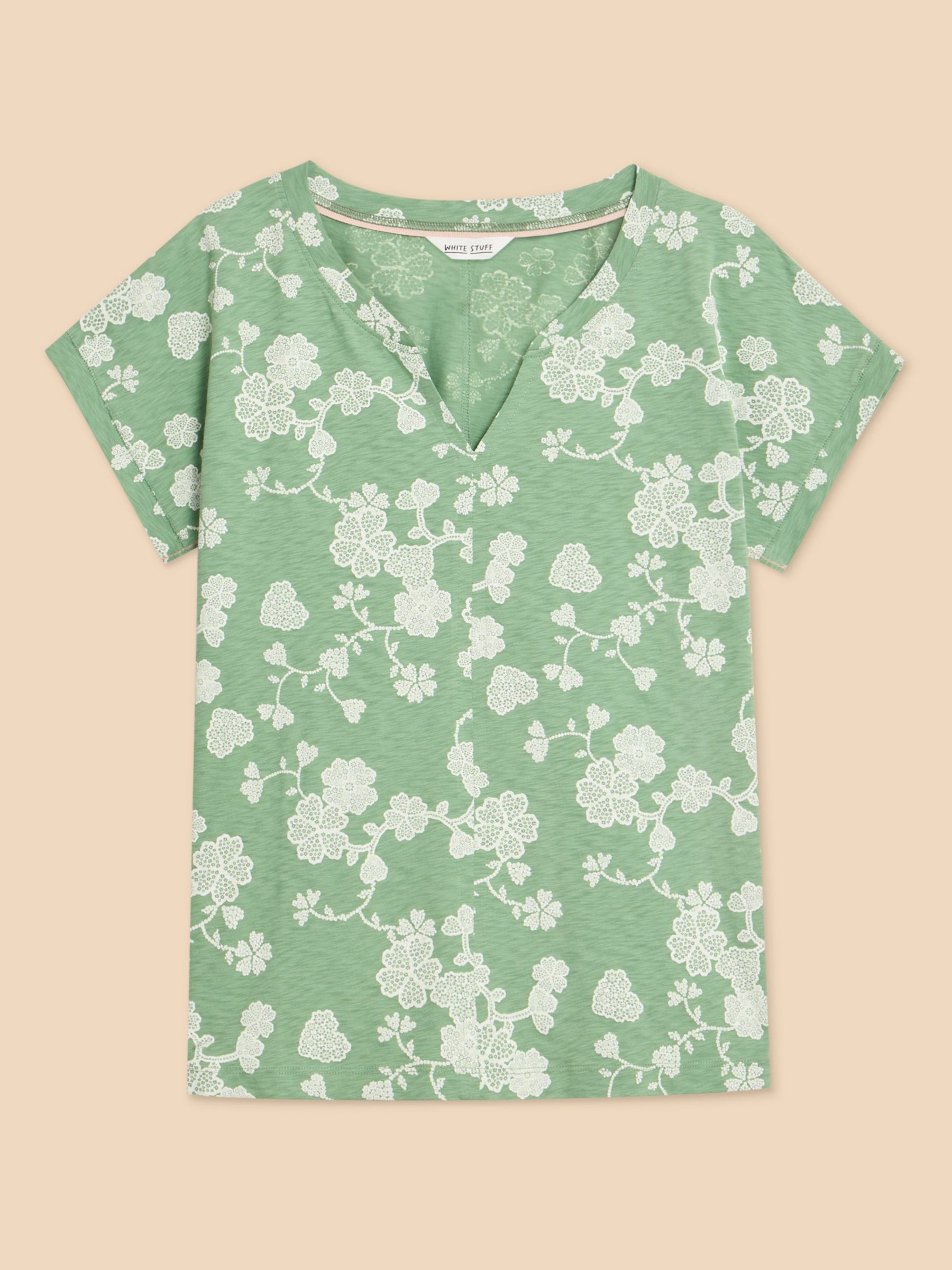 White Stuff Nelly Floral Print Notch Neck T-Shirt, Green, 8