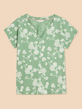 White Stuff Nelly Floral Print Notch Neck T-Shirt, Green