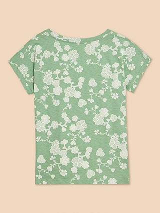 White Stuff Nelly Floral Print Notch Neck T-Shirt, Green