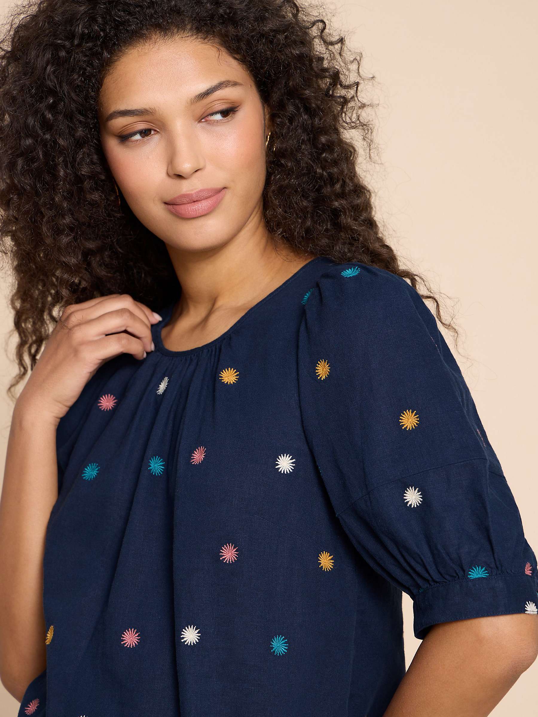 Buy White Stuff Shelly Floral Stitch Linen Blend Top, Navy/Multi Online at johnlewis.com