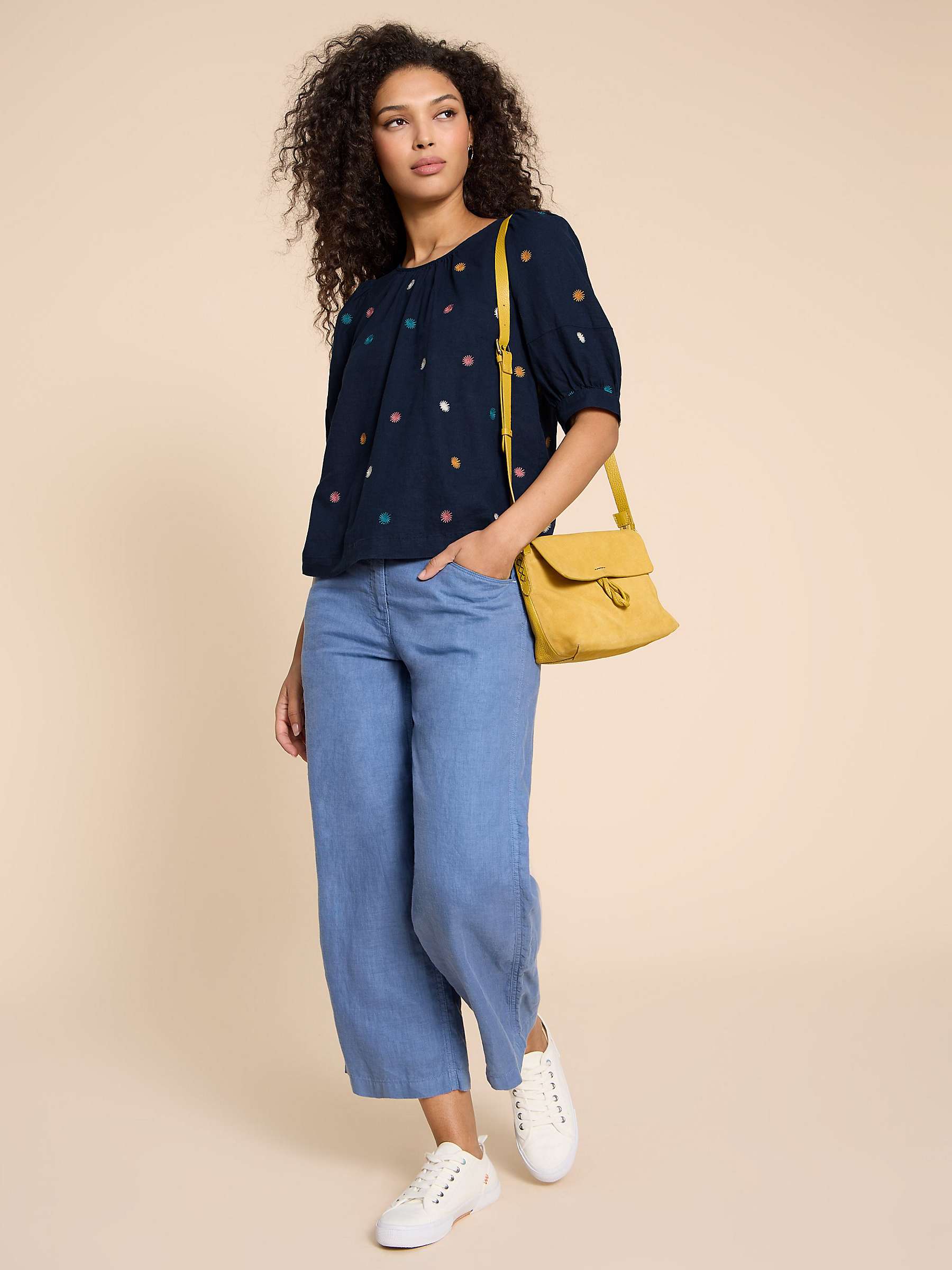 Buy White Stuff Shelly Floral Stitch Linen Blend Top, Navy/Multi Online at johnlewis.com