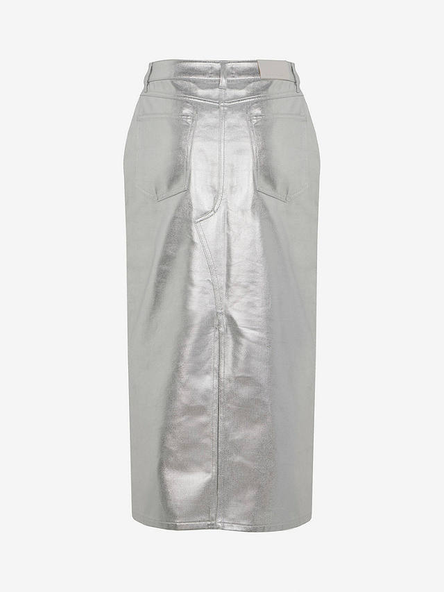 Mint Velvet Metallic Denim Midi Skirt, Silver