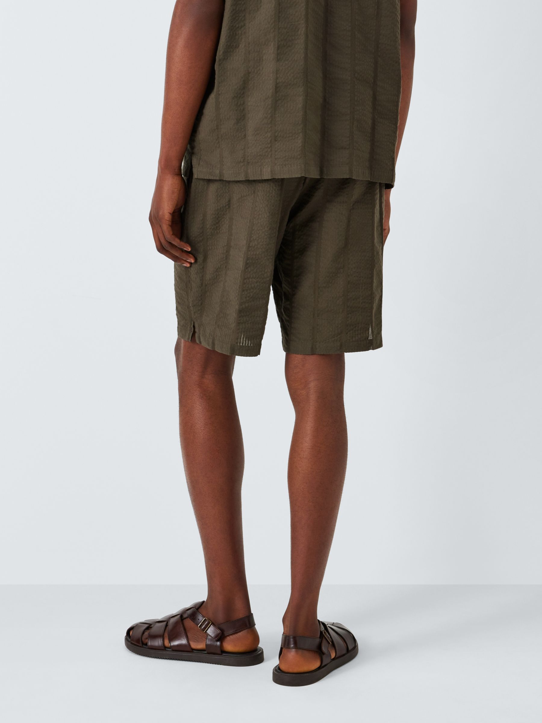 John Lewis Organic Cotton Seersucker Stripe Lounge Shorts, Khaki, M