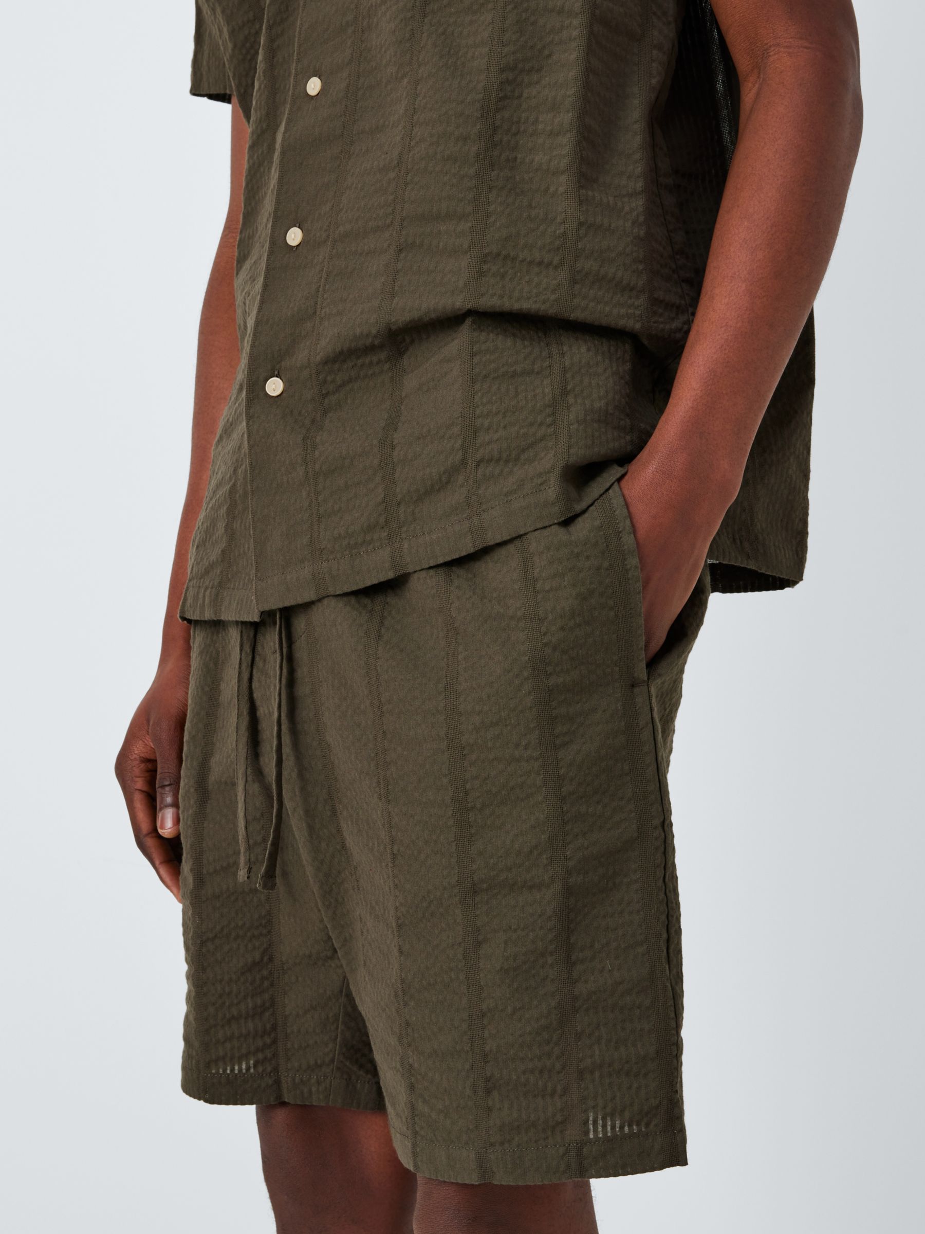 John Lewis Organic Cotton Seersucker Stripe Lounge Shorts, Khaki, M