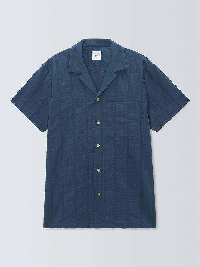 John Lewis Organic Cotton Seersucker Stripe Lounge Shirt, Indigo Blue