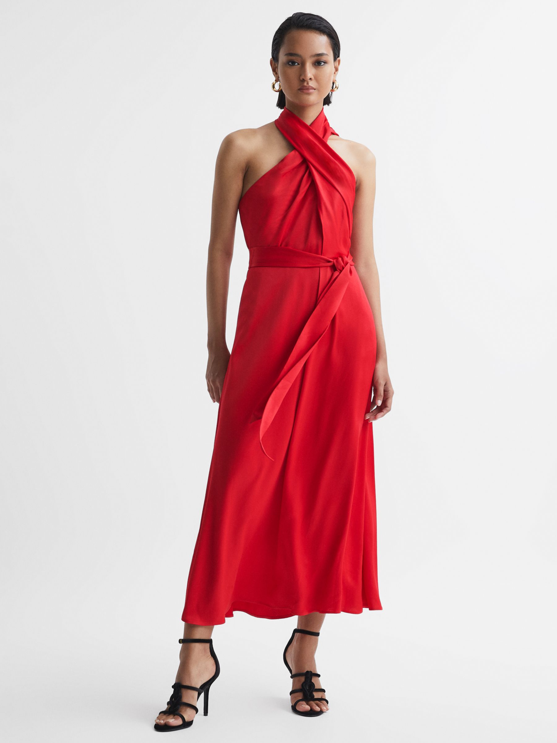 Reiss Vida Satin Halter Neck Midi Dress, Red at John Lewis & Partners
