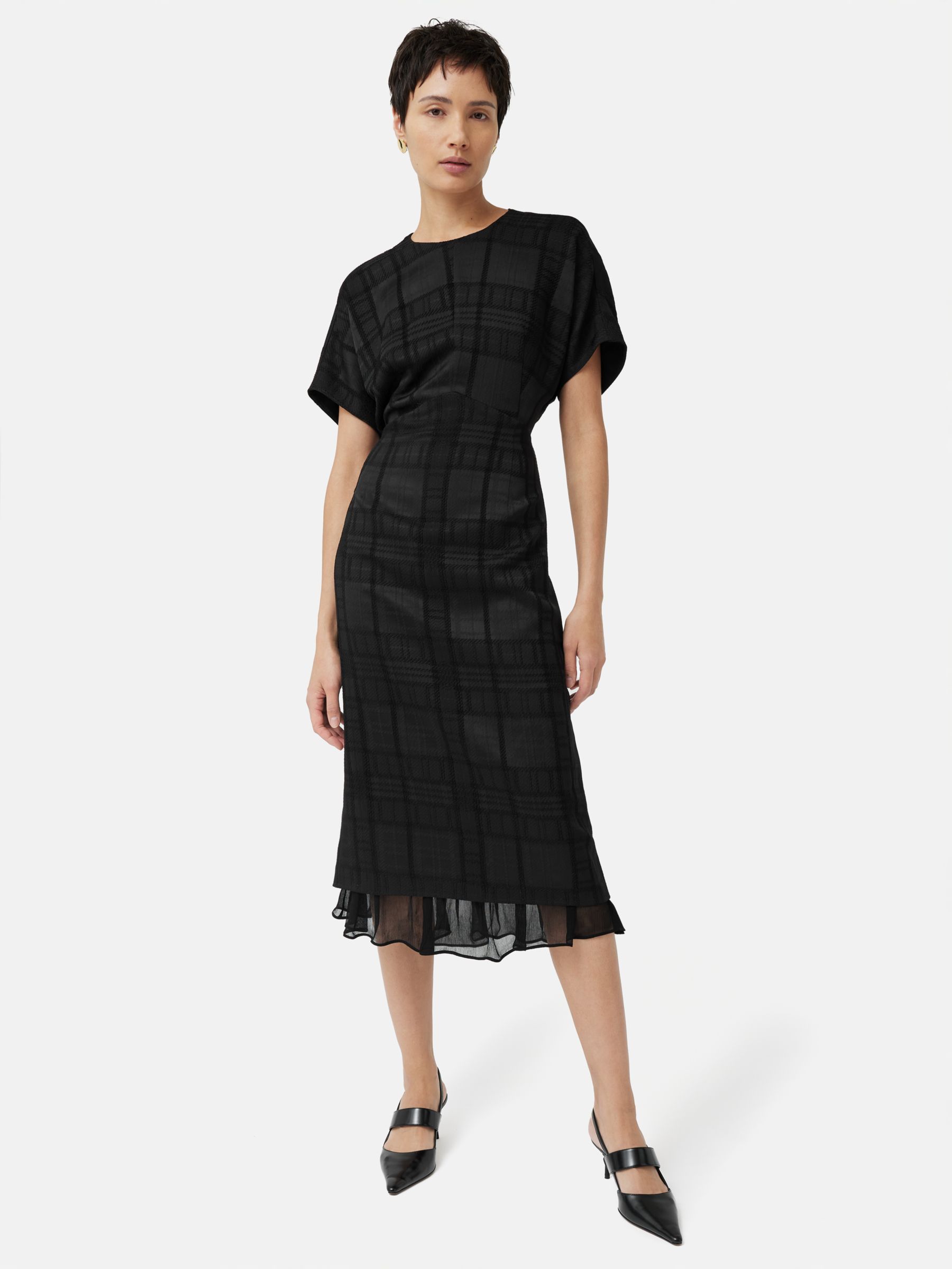 Jigsaw Textured Jacquard Check Midi Dress, Black at John Lewis & Partners