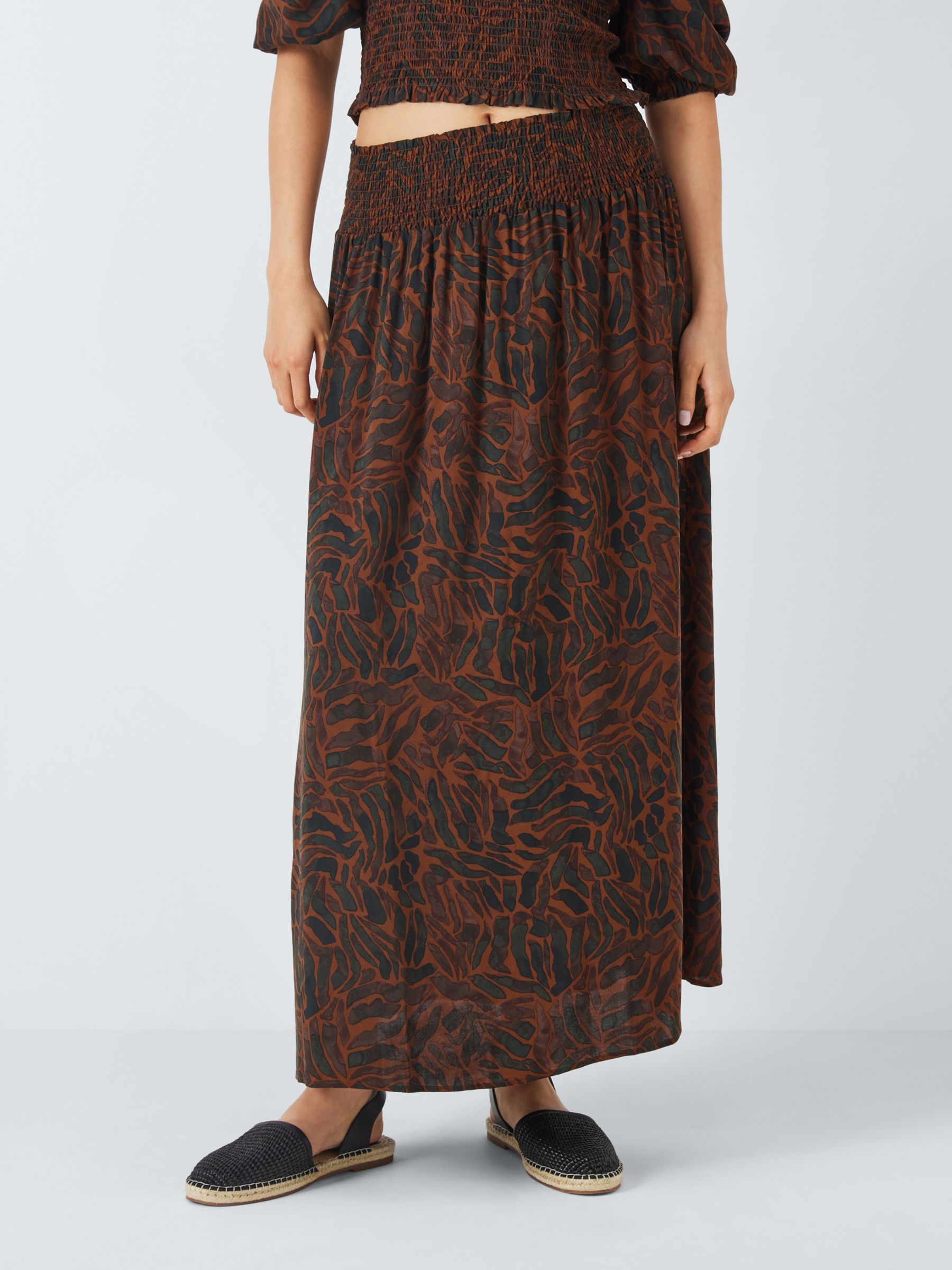 John Lewis ANYDAY Solare Shirred Waist Maxi Skirt, Brown/Multi, 14