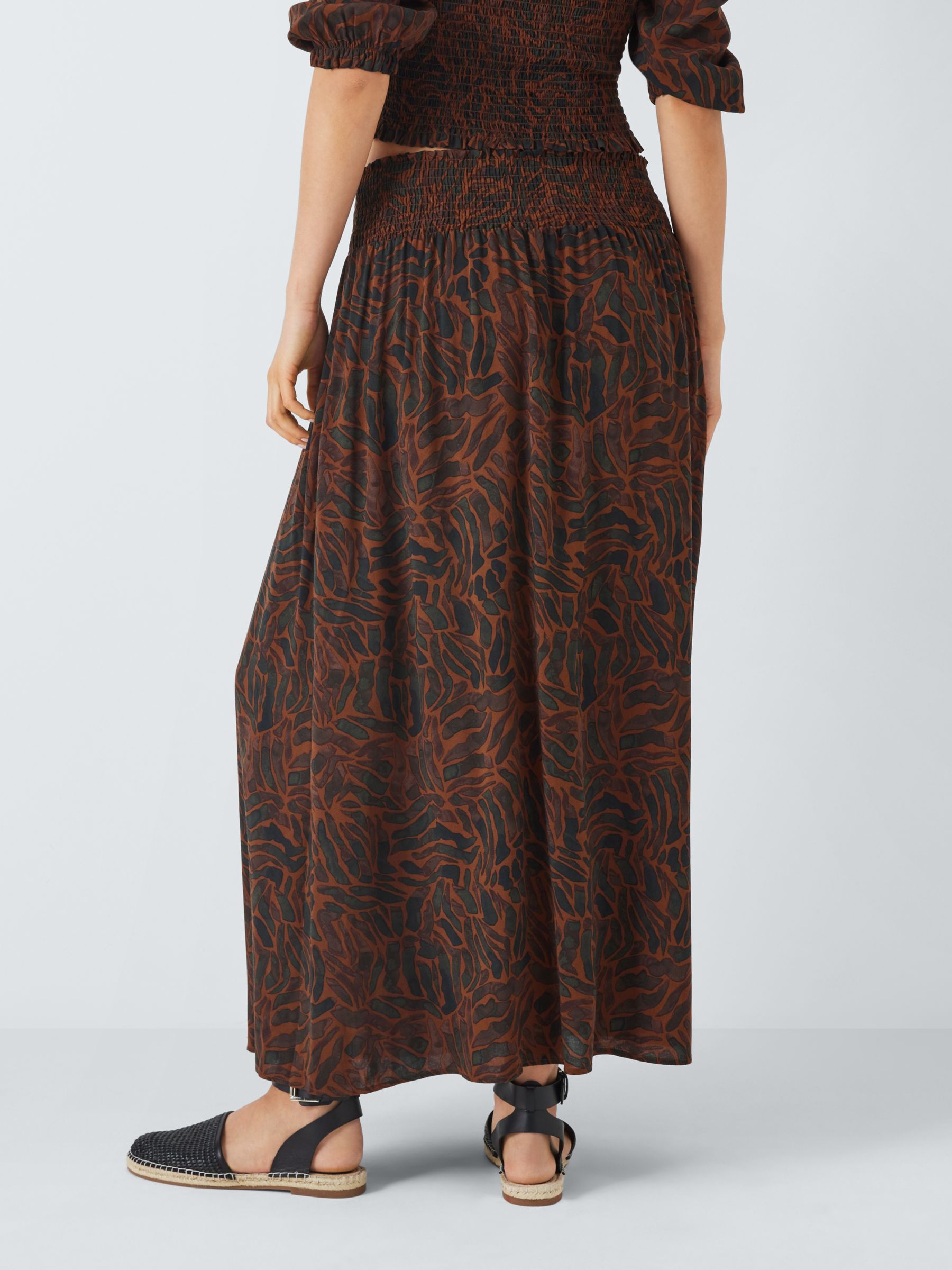 John Lewis ANYDAY Solare Shirred Waist Maxi Skirt, Brown/Multi, 14