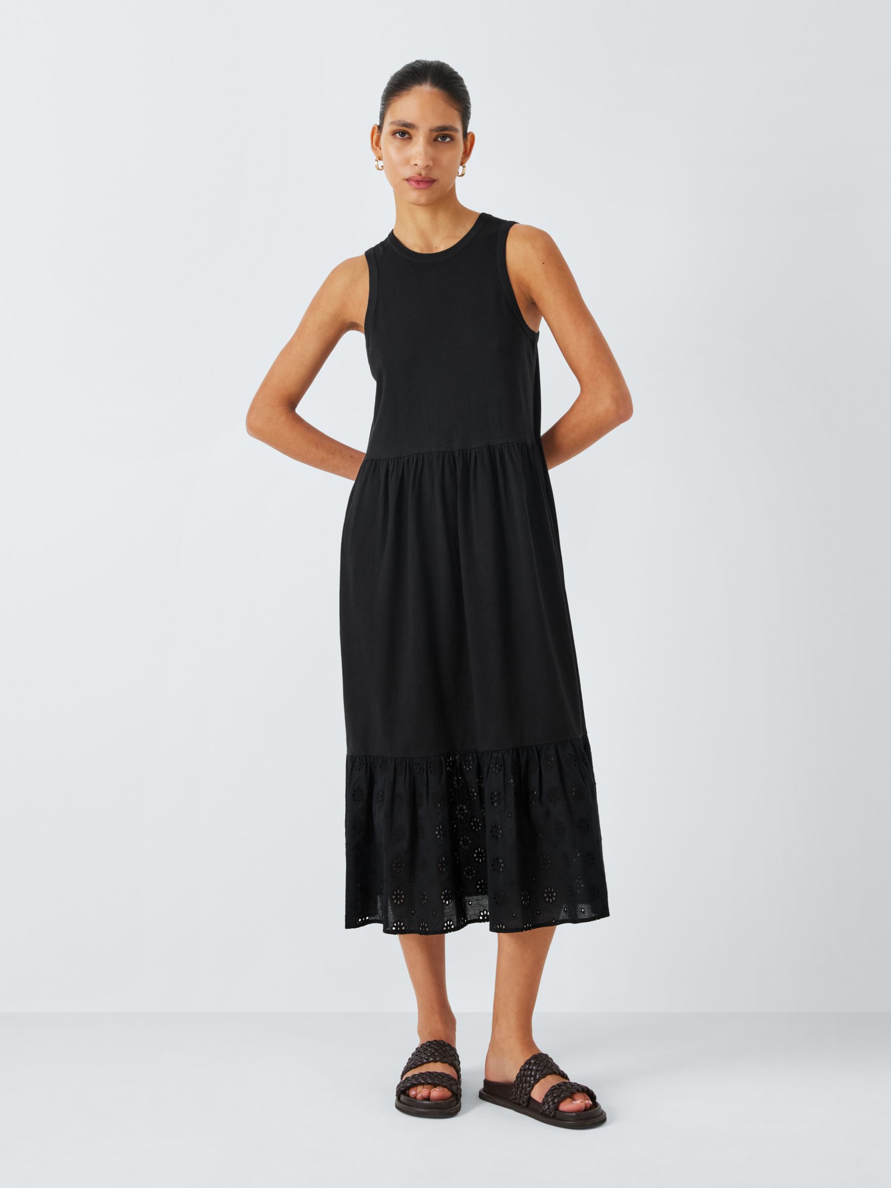 John Lewis ANYDAY Tiered Jersey Broderie Midi Dress, Black, XS