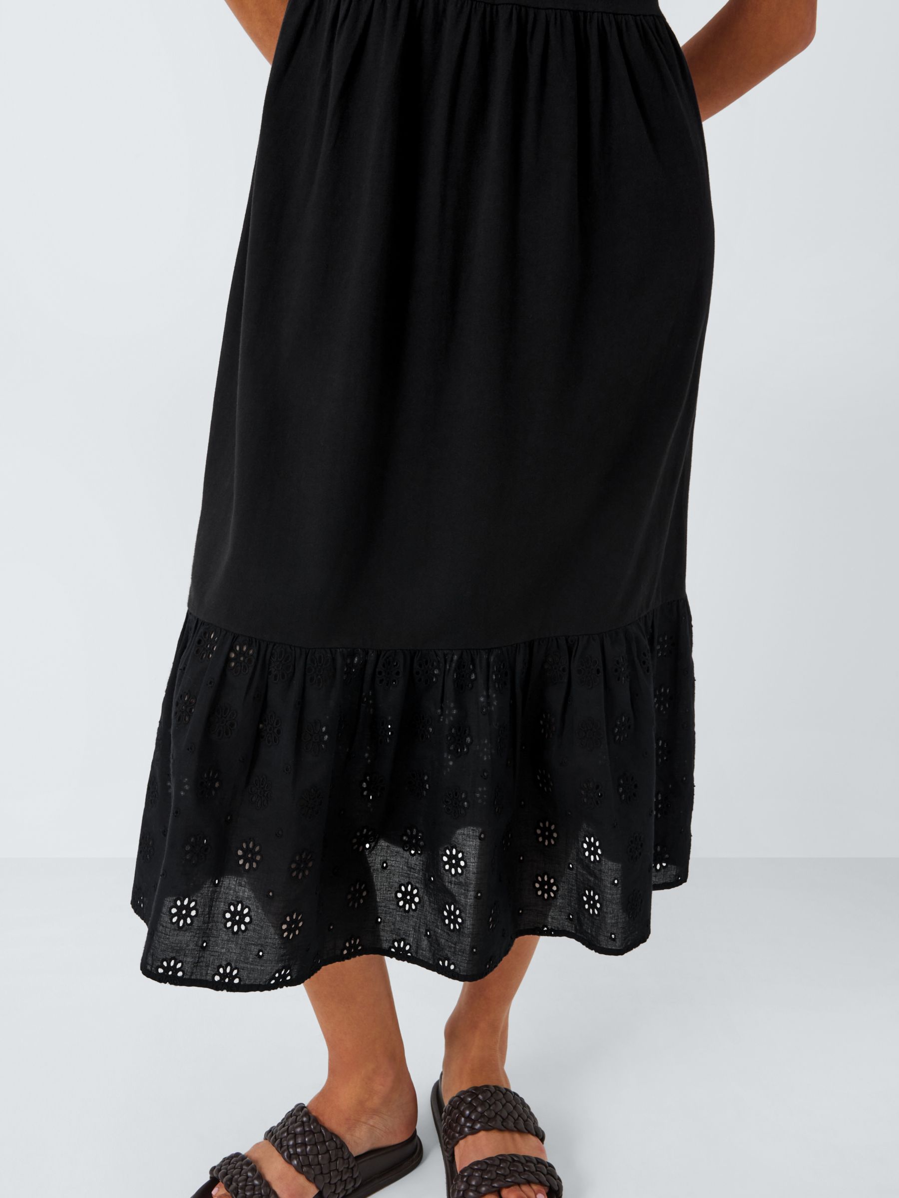 John Lewis ANYDAY Tiered Jersey Broderie Midi Dress, Black, XS