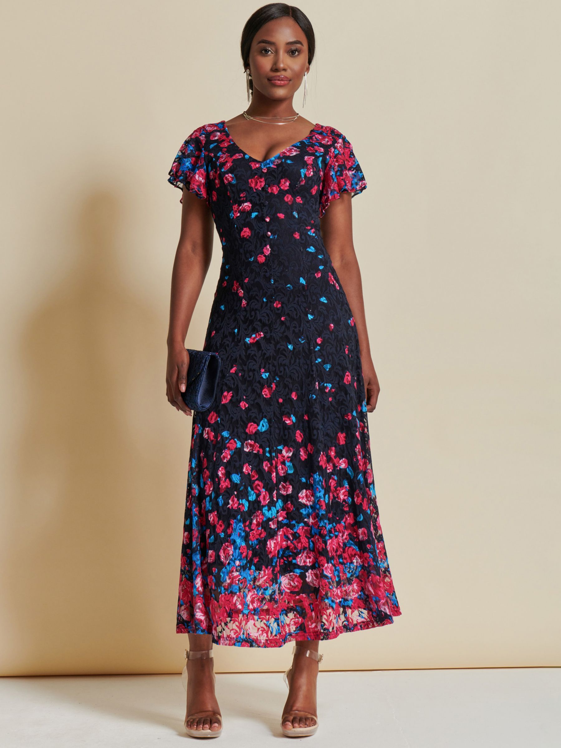 Jolie Moi Floral Mirrored Lace Maxi Dress, Pink/Multi at John Lewis ...