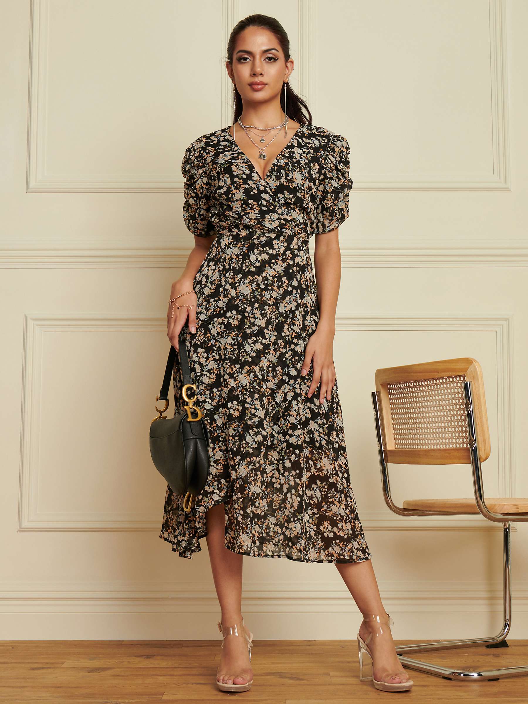 Buy Jolie Moi Ditsy Floral Chiffon Midi Dress, Black Online at johnlewis.com