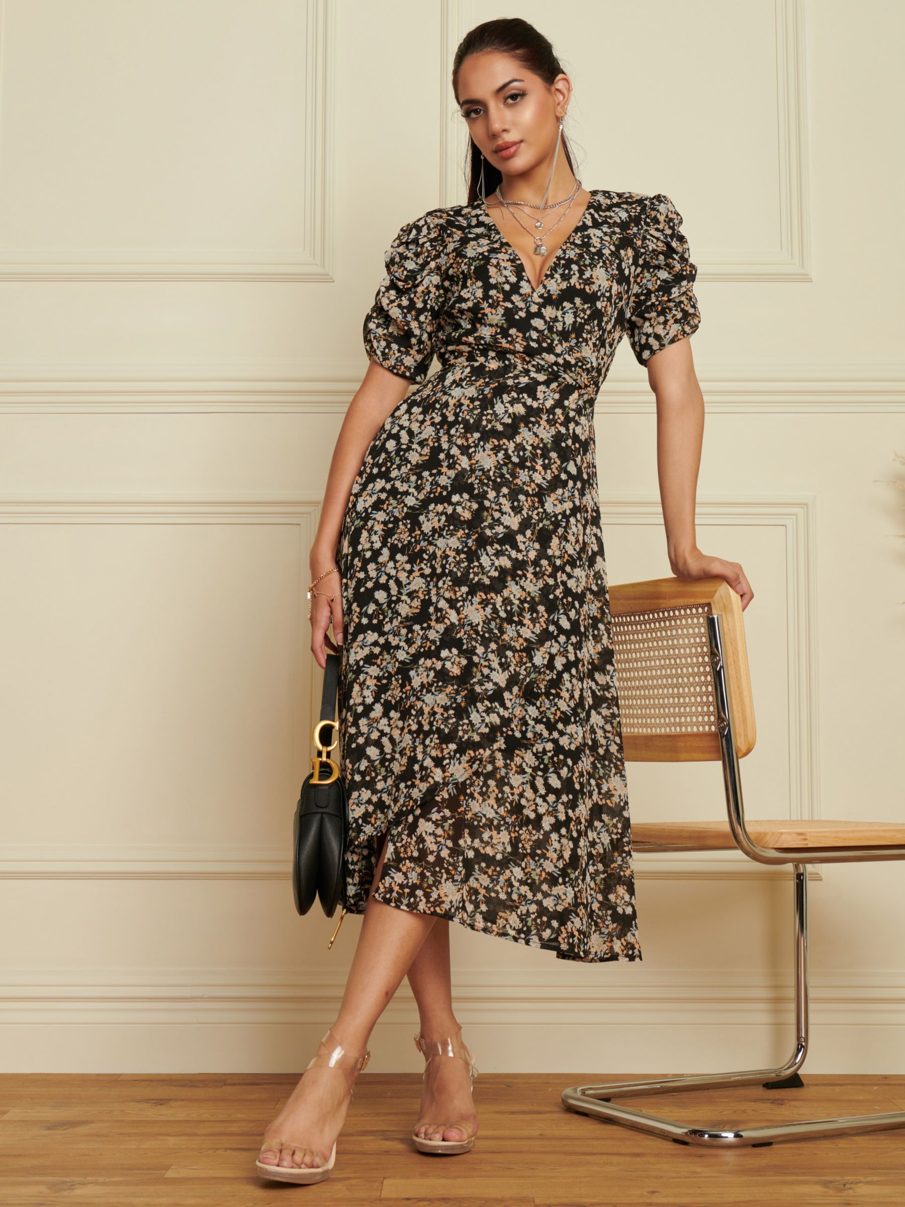 Jolie Moi Ditsy Floral Chiffon Midi Dress, Black at John Lewis & Partners