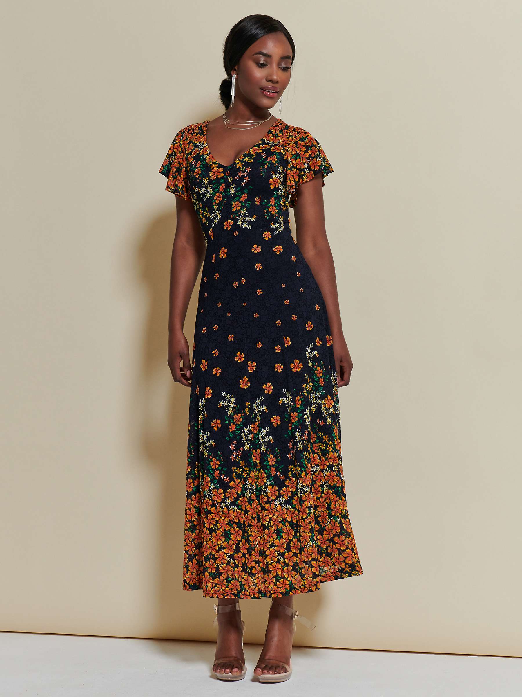 Buy Jolie Moi Fit And Flare Floral Maxi Dress, Orange/Multi Online at johnlewis.com