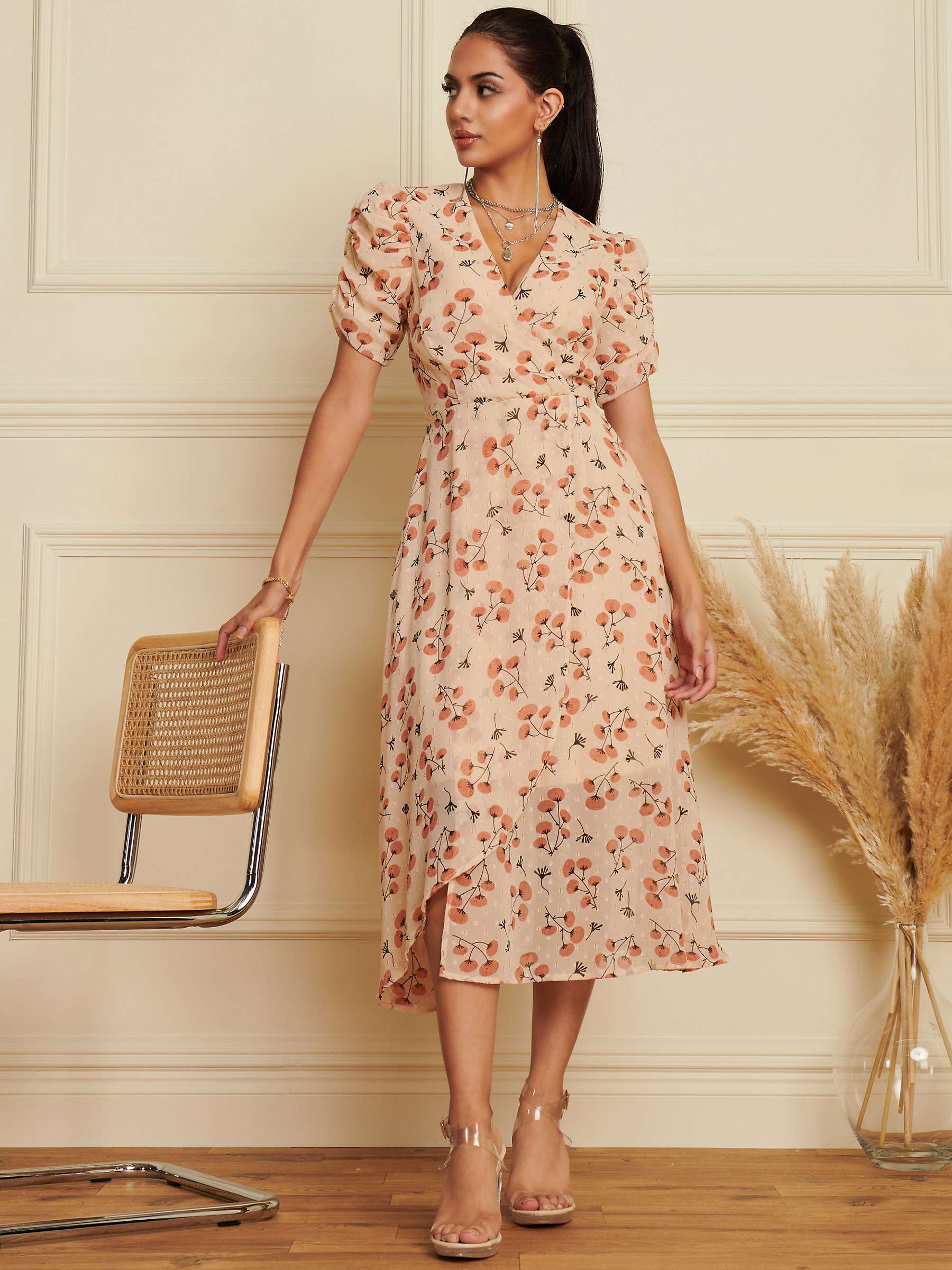 Buy Jolie Moi Floral Chiffon Midi Dress, Beige Online at johnlewis.com