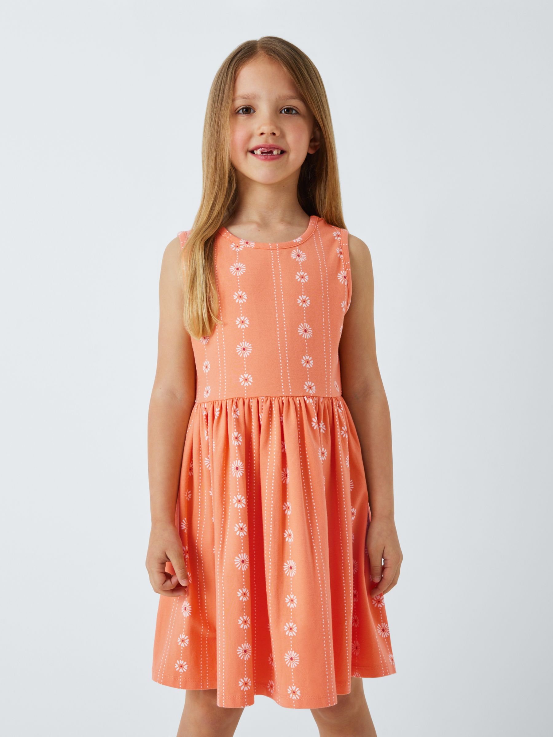 John Lewis Kids' Floral Stripe Sleeveless Smock Dress, Coral, 6 years