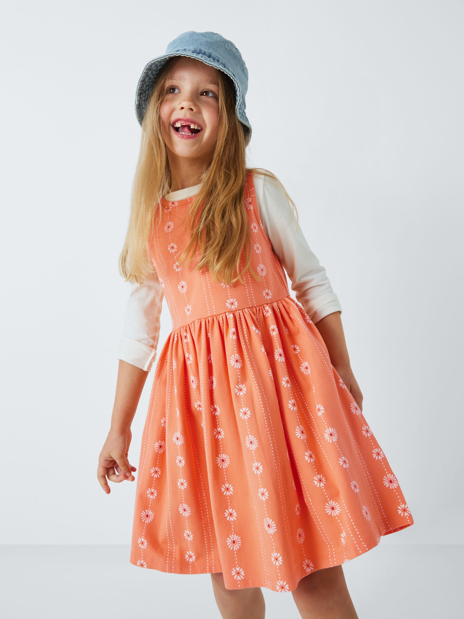 John Lewis Kids' Floral Stripe Sleeveless Smock Dress, Coral, 6 years