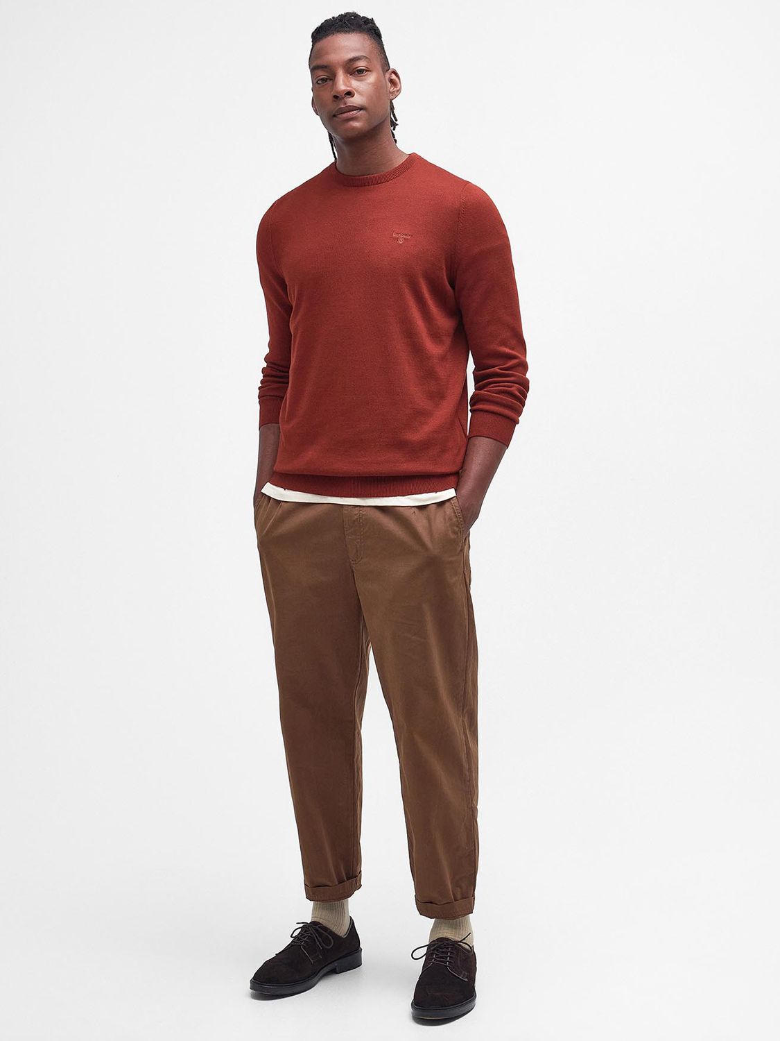 Barbour Pima Cotton Crew Neck Jumper, Fired Brick at John Lewis & Partners