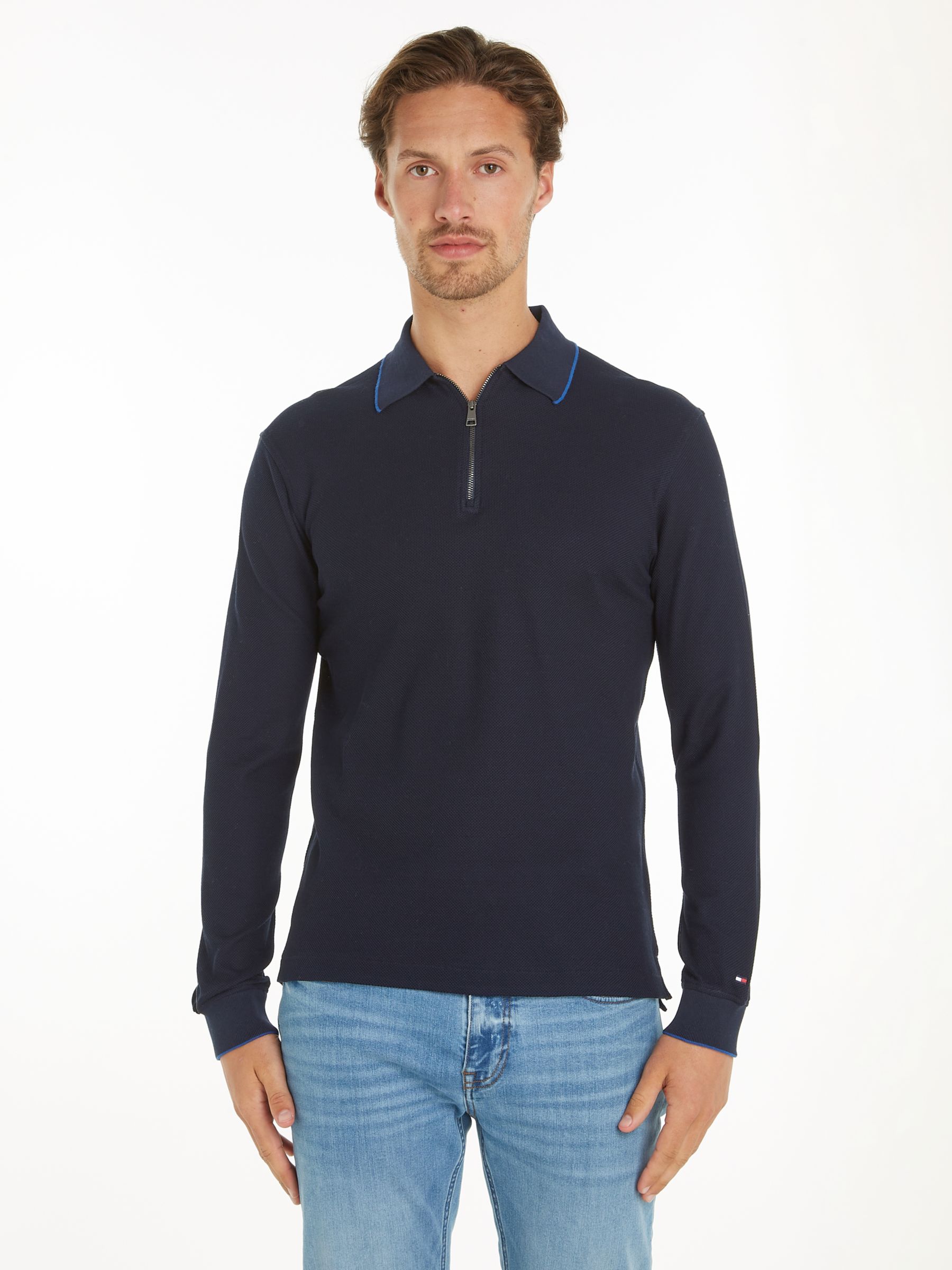 Tommy Hilfiger Structure Slim Long Sleeve Polo Top, Desert Sky at John ...