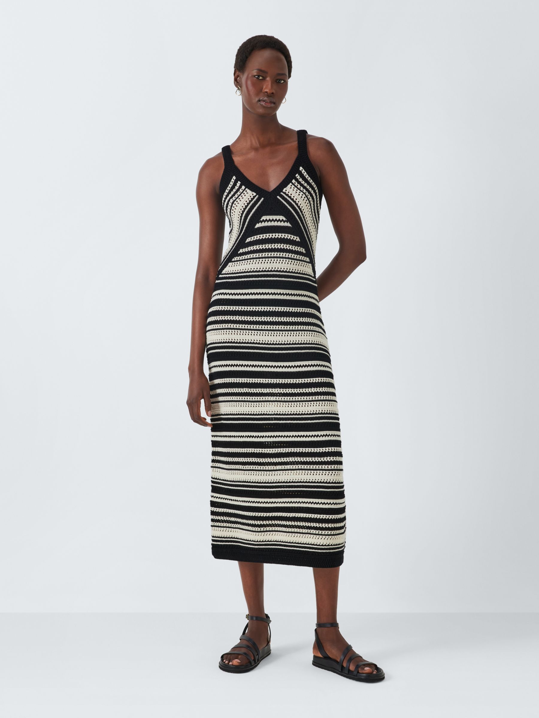 John Lewis Pointelle Stripe Knitted Dress, Black/Multi, 10