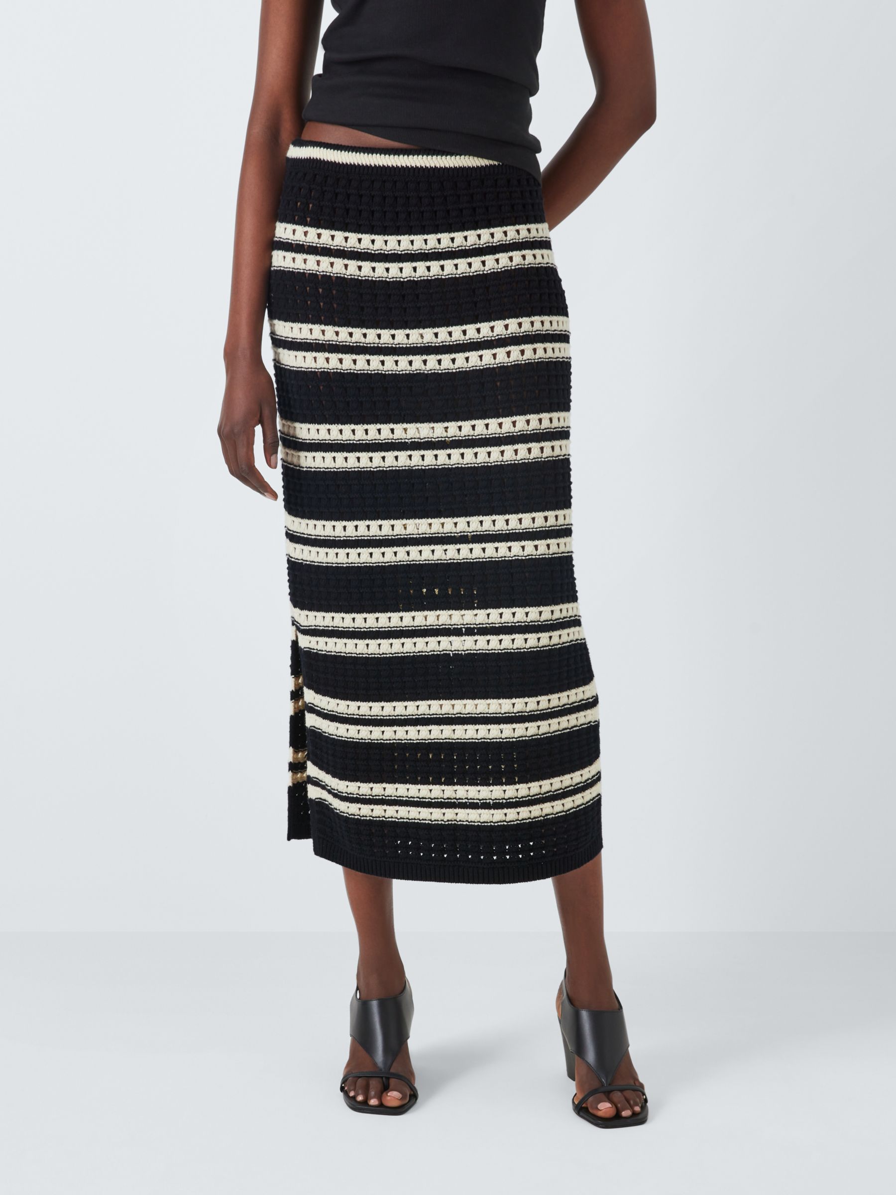 John Lewis Knitted Stripe Pointelle Skirt, Black/Multi, 10